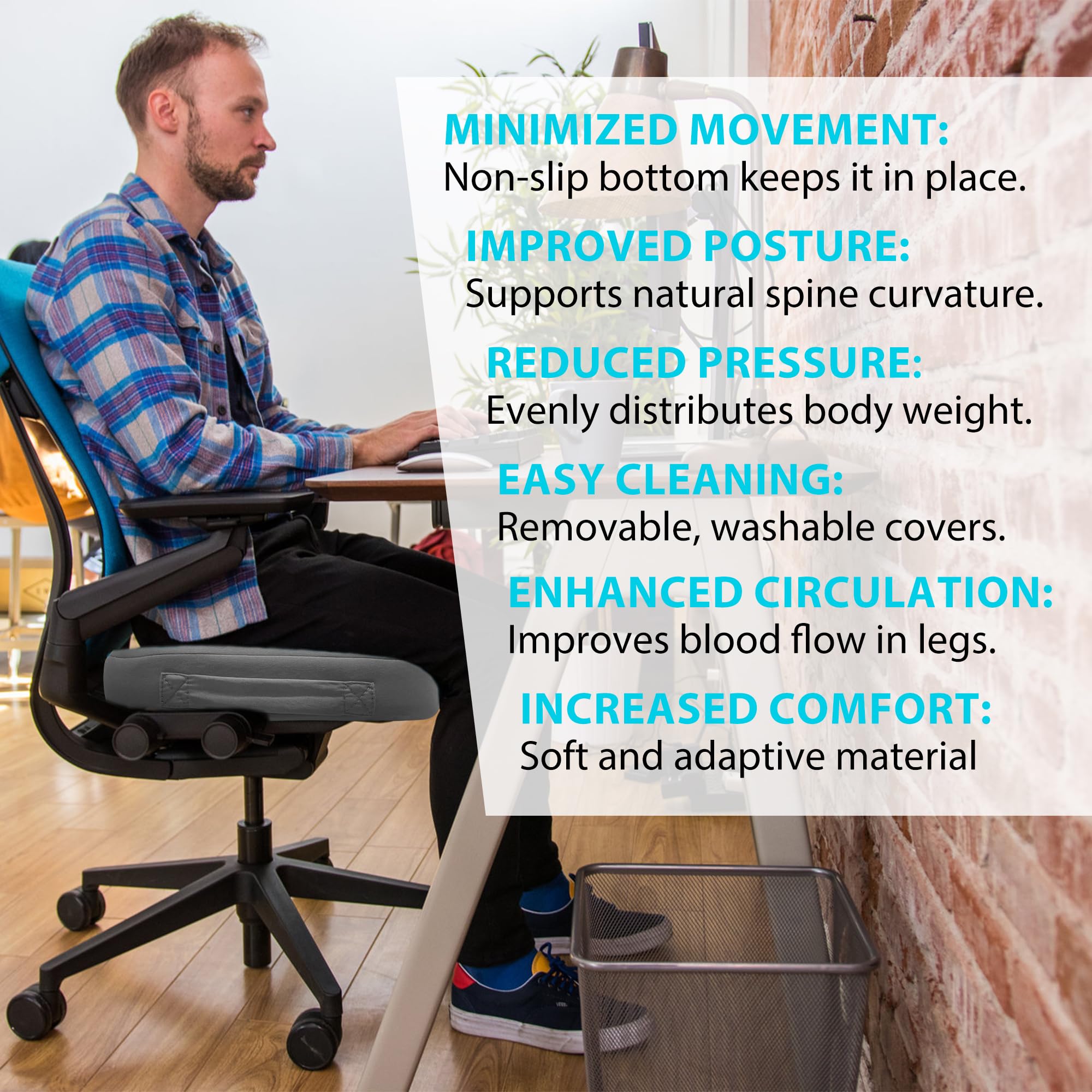 Elantrip Ergonomic Memory Foam Seat Cushion with Coccyx Support - Non-Slip Washable Cover for Office Chair, Car Seat & Home Use - Relieves Sciatica & Tailbone Pain - Perfect for Work, Driving & Long Sitting Sessions (Gray)