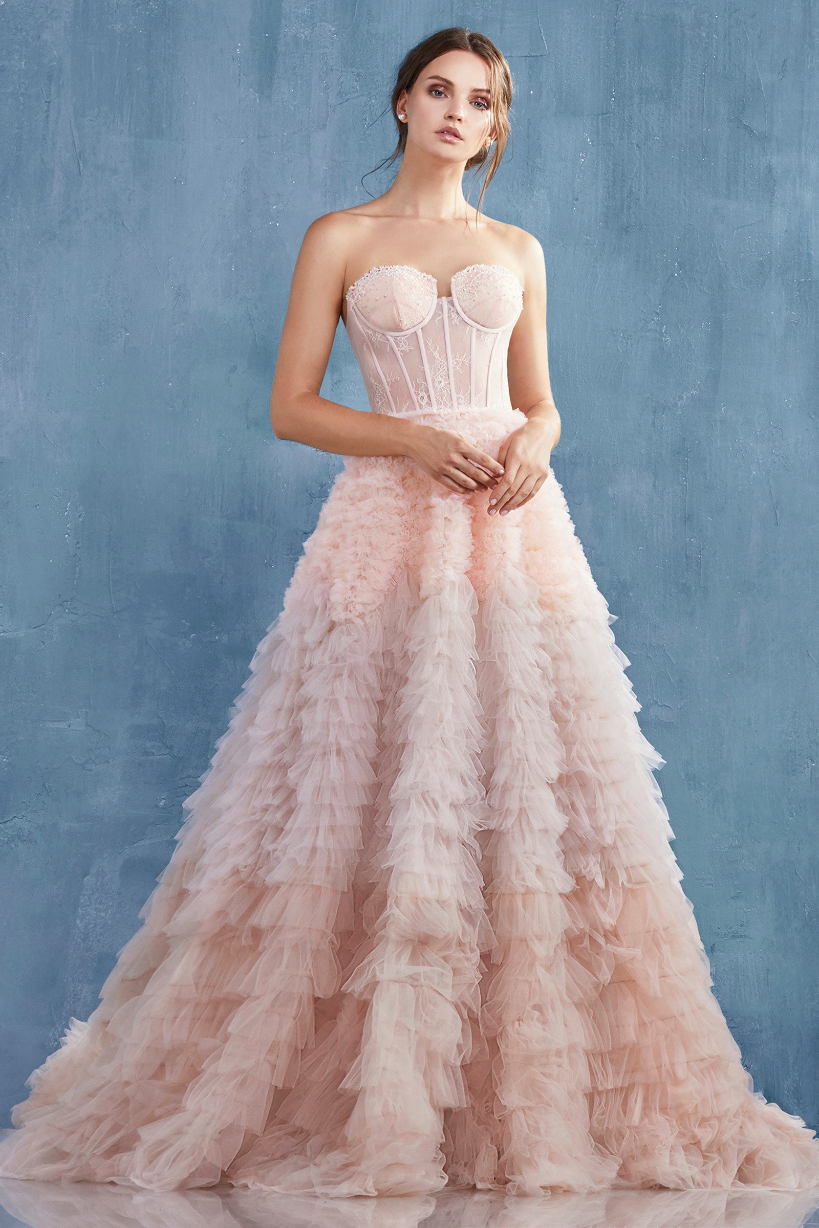 Strapless Faux Corset with Ruffled Ombre Ball Gown - Andrea & Leo Wedding Dress for Prom, Evening Gala & Special Occasions