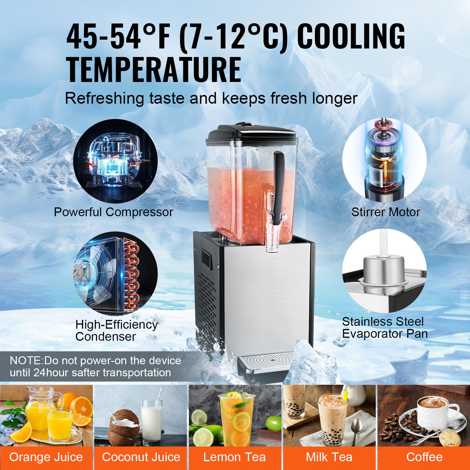 VEVOR 12L (12.7QT) Commercial Beverage Dispenser - 304 Stainless Steel Food Grade Juice & Iced Tea Machine with 45°F-54°F Cooling - Perfect for Restaurants, Bars, Parties & Catering Events - Cold Drink Dispenser for Lemonade, Iced Coffee & Cocktails