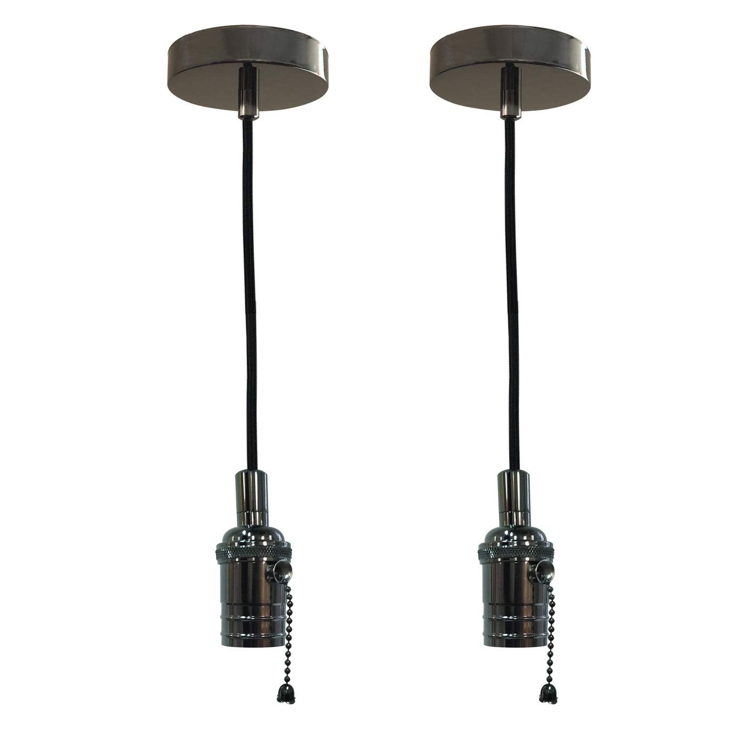 Vintage-Style Hanging Pendant Lighting Set of 2 - Gun Metal Gray Pull Chain Pendant Light with Black Rayon Fabric Cord - Perfect for Kitchen Island, Dining Room, and Bedroom Lighting Decor