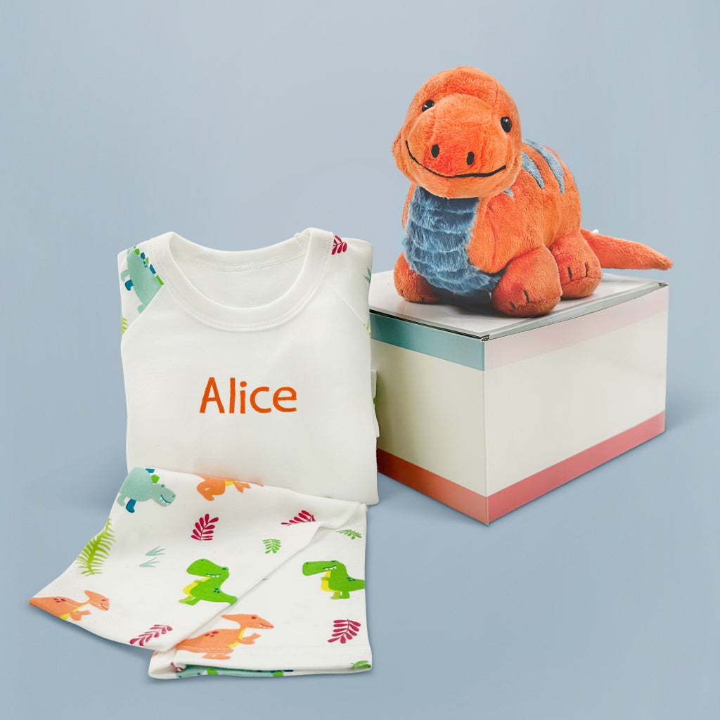 Steiff Bronko Brontosaurus Plush Dinosaur Toy with Personalized Pajamas - Perfect Gift for Kids' Bedtime & Dinosaur-Themed Nursery Decor