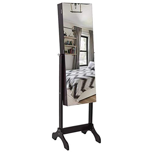 DAVEBELLA Full Length Mirror with 4-Tier Wooden Shelf & Jewelry Storage - Adjustable Standing Mirror Cabinet for Bedroom, Living Room, Entryway - Dark Brown Floor Mirror with Inner Mirror for Dressing & Organization