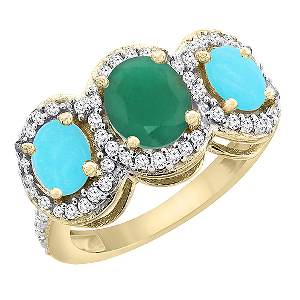 14K Yellow Gold Natural Emerald & Turquoise 3-Stone Mothers Ring with Oval Diamond Accent - Sizes 5-10 | Elegant Gift for Mom, Birthday, Anniversary & Special Occasions