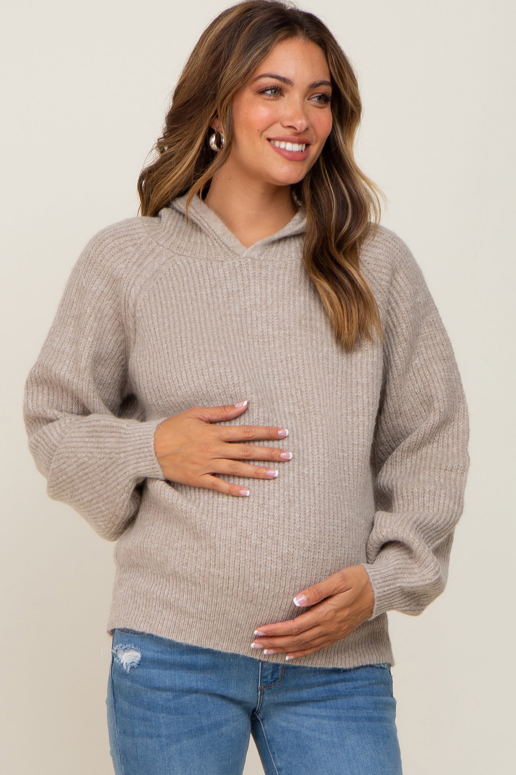 Cozy Beige Maternity Hoodie - Soft & Stretchy Pregnancy Sweater for Women | Perfect for Casual Wear, Nursing & Maternity Photos