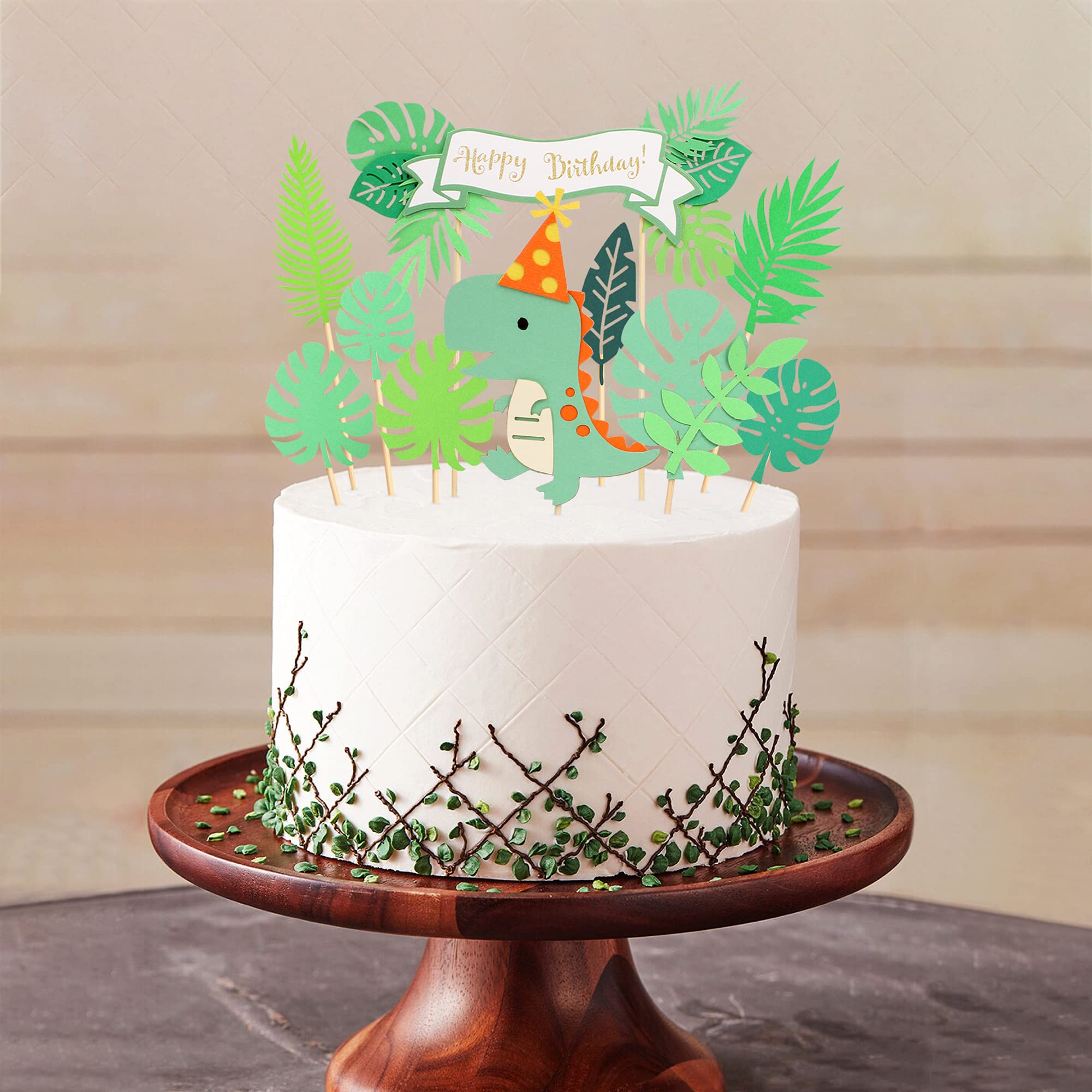 10Pcs Dinosaur Cake Toppers - Happy Birthday Party Decorations with Forest Green Leaves for Jungle Theme Baby Shower, Kids Birthday Cakes - Perfect for Dinosaur Themed Parties and Cake Decorating