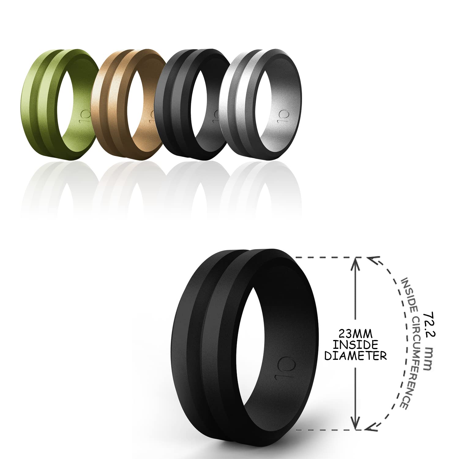 Men's Silicone Wedding Rings - 4 Pack Fashion Comfort Rings for Sports & Daily Wear - Black, Silver Grey, Brown, Green - Durable Metallic Style Bands for Gym, Work, Travel & Outdoor Activities