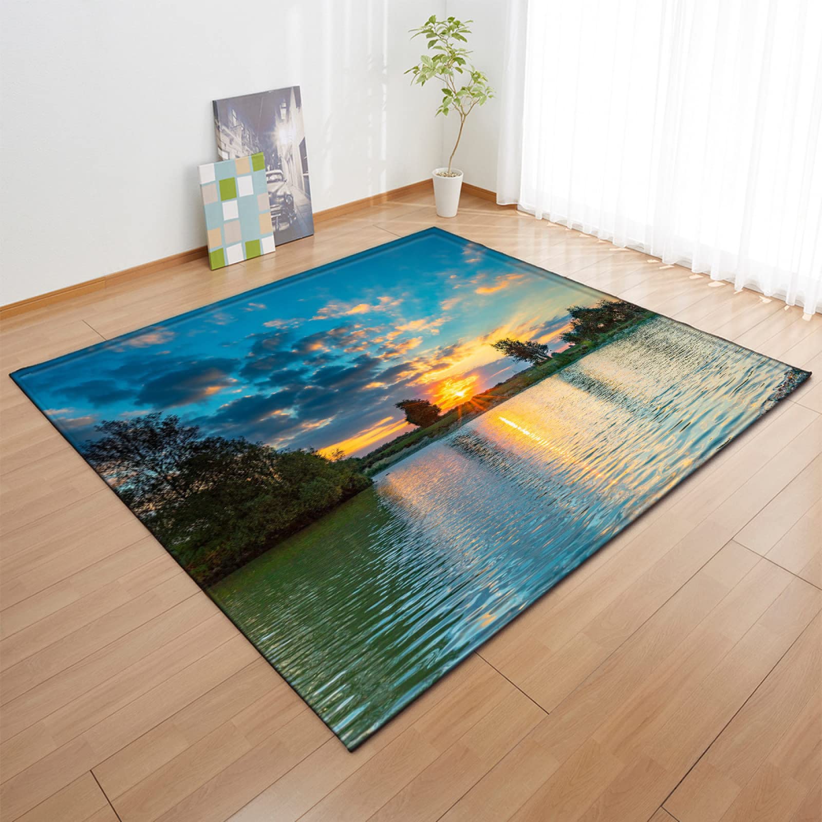 YEWIER Sunrise Lake View 3D Non-Slip Floor Mat - Soft Carpet for Living Room, Balcony, Corridor & Entrance - Anti-Skid Rug for Home Decor, Indoor Outdoor Use - Perfect for Bedroom, Office, Dorm & High Traffic Areas