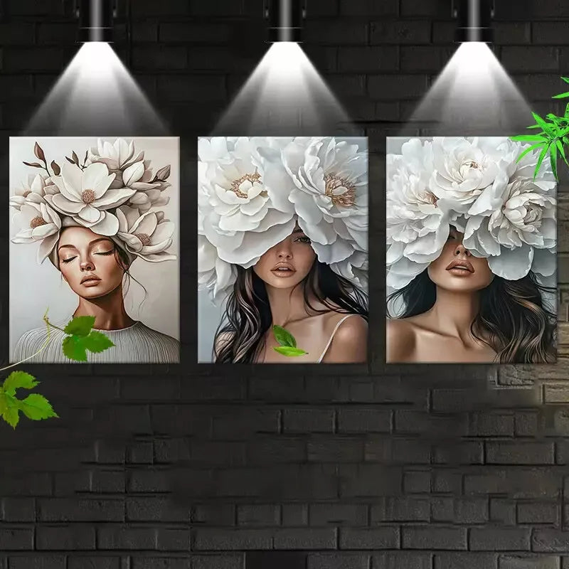 3-Piece Floral Headdress Wall Art Set for Women - 50x70cm Framed Canvas Prints - High Quality Australian Made - Ready to Hang - Perfect for Living Room, Bedroom & Office Decor
