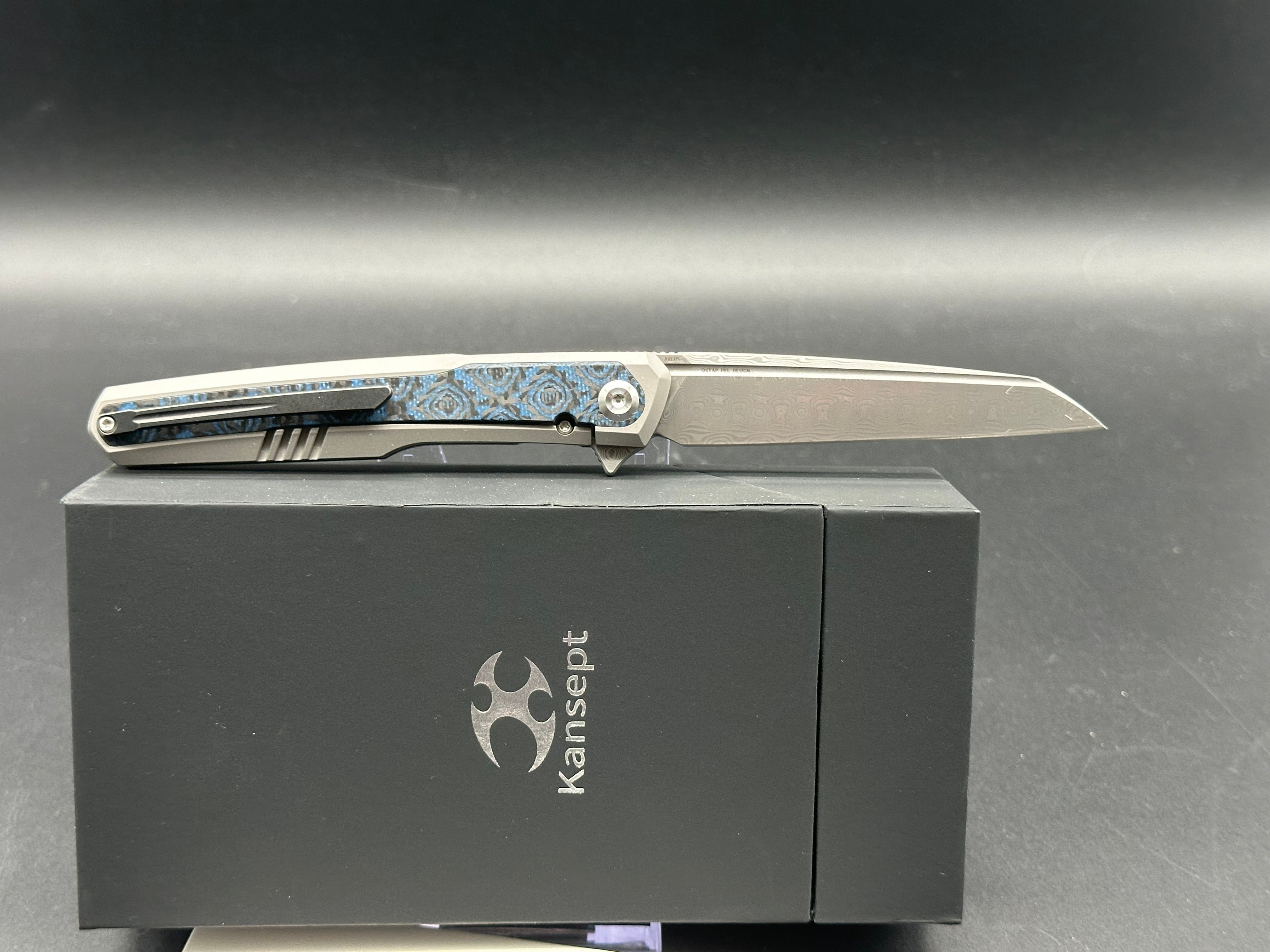 KANSEPT ARCUS Titanium Folding Knife with Blue Rose Carbon Fiber Handle & Damascus Blade - EDC, Camping, Hunting, Outdoor Survival Gear