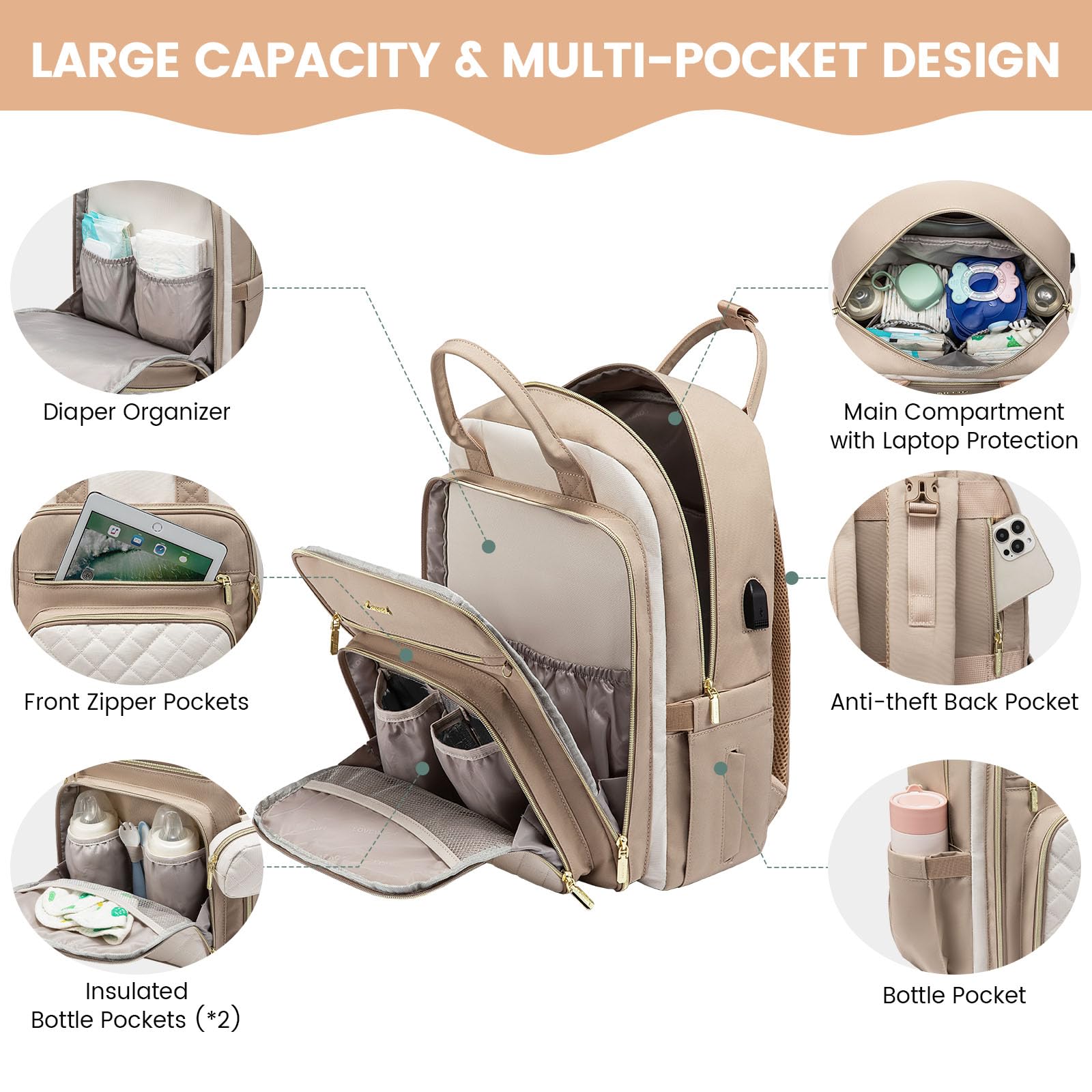 LOVEVOOK Waterproof Baby Diaper Backpack with USB Charging Port - Large Capacity Diaper Bag Fits 15.6 Inch Laptop - Perfect for Travel, Daycare & Parenting Essentials (Apricot)