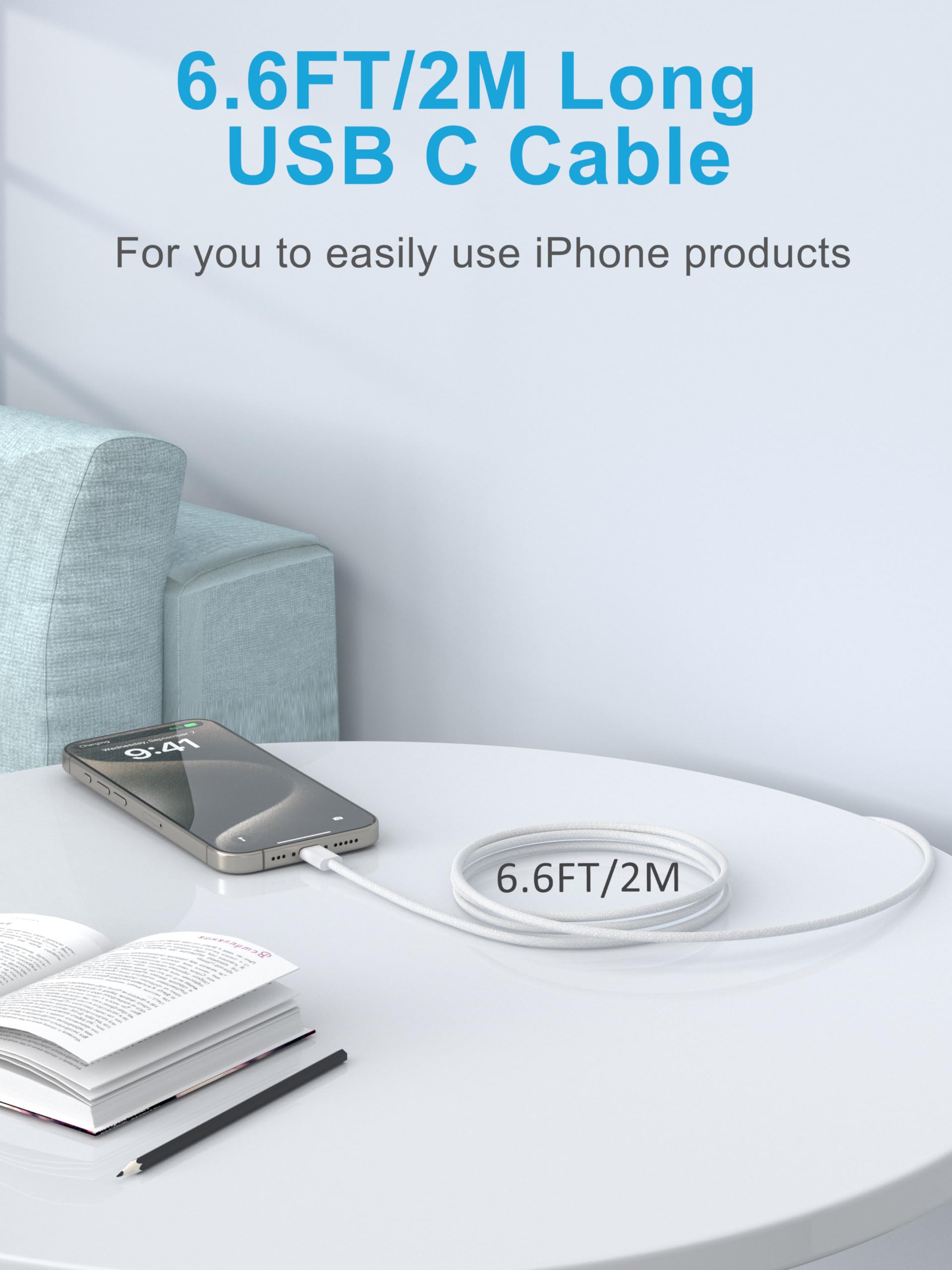 60W USB C to USB C Fast Charging Cable [2-Pack/2M] - Braided Durable iPhone 15 Charger for iPhone 15/15 Plus/15 Pro/15 Pro Max, iPad, MacBook - Perfect for Home, Office & Travel Charging