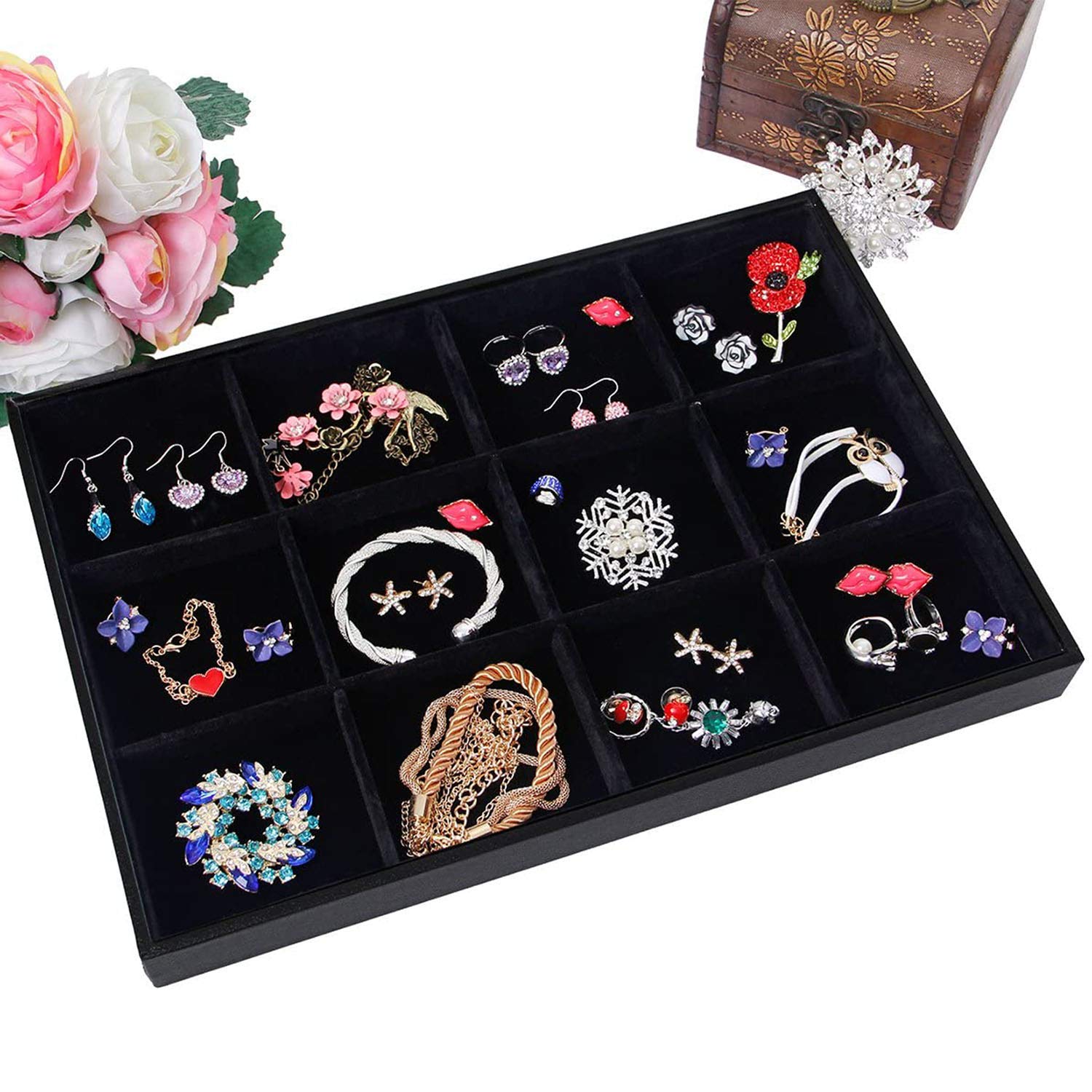 Black Velvet Stackable 12-Grid Jewelry Organizer Tray - Elegant Display Case for Gemstone Pendants, Diamond Rings & Necklaces - Modern Vanity Storage Box for Women - Perfect for Closet Organization, Dresser Decor & Jewelry Showcase