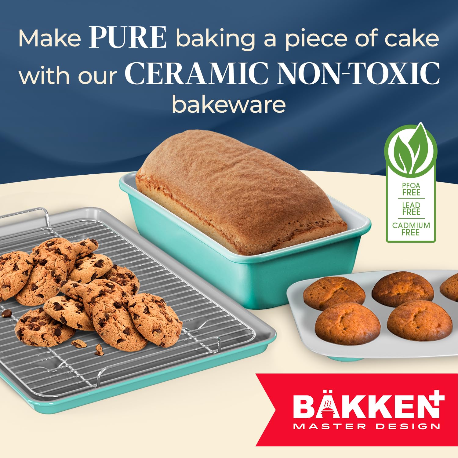 Bakken 8-Piece Non-Tick Ceramic Bakeware Set - Oven-Safe Stackable Baking Sheets & Pans with Cooling Rack - PTFE/PFOA/PFOS-Free, Ergonomic Handles - Healthy Baking Essentials for Cakes, Cookies, Bread & More - Perfect for Home Bakers & Holiday Cooking