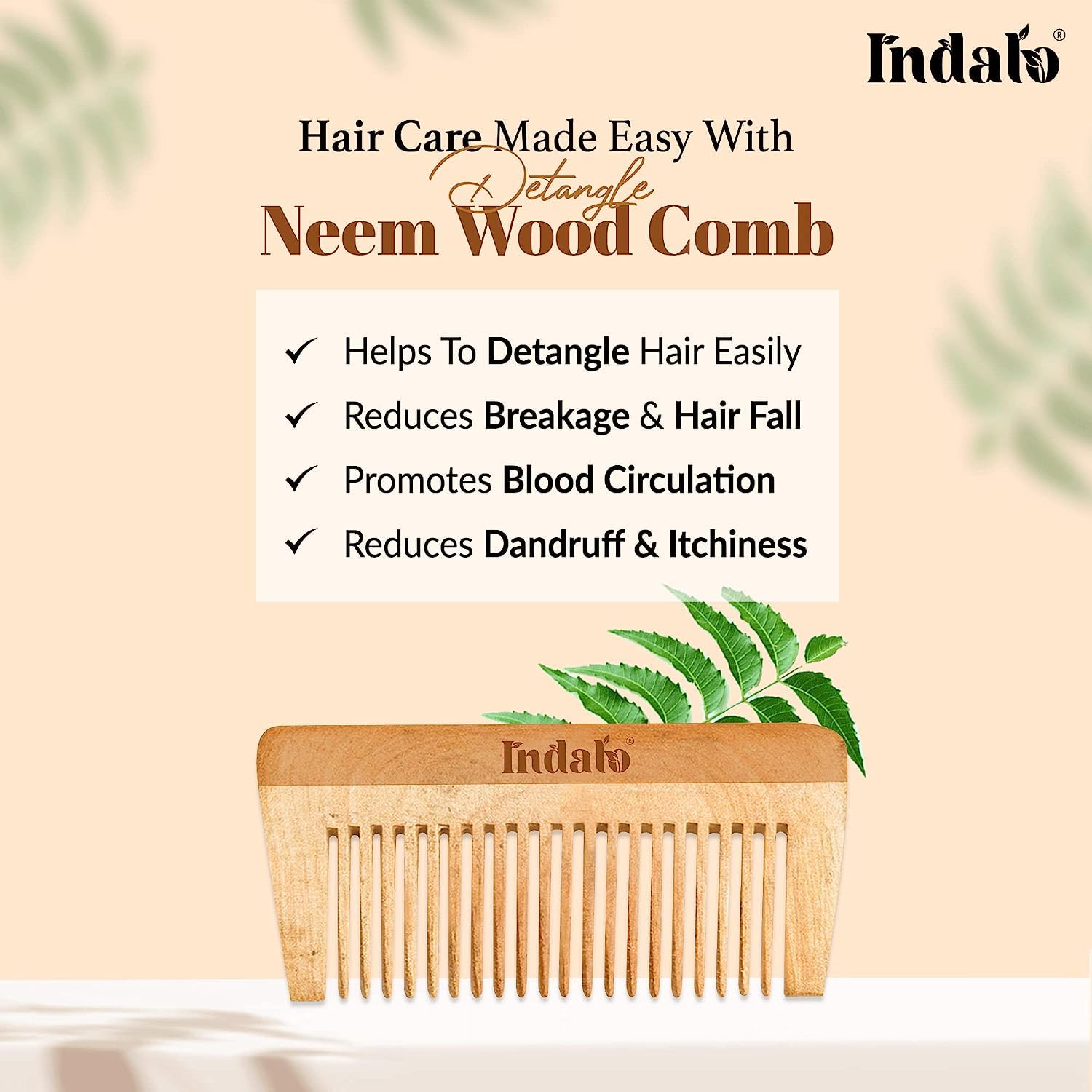 Indalo Kacchi Neem Wooden Comb for Men & Women – Natural Hair Care Comb Reduces Hair Fall, Breakage & Dandruff – Ayurvedic Wood Comb for Healthy Scalp & Shiny Hair – Perfect for Daily Hair Detangling & Scalp Massage at Home or Travel