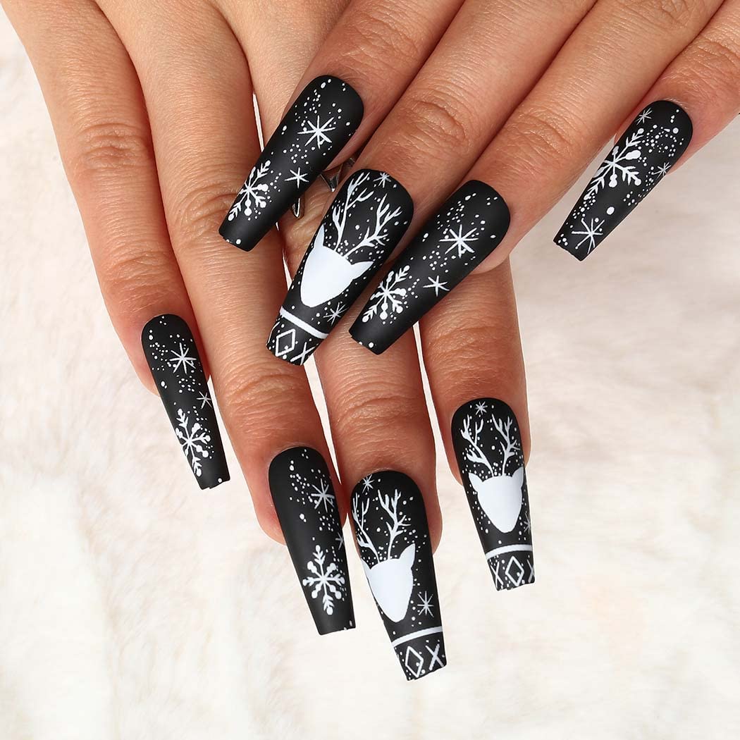 Matte Black Press on Nails Long Coffin Shape - 24Pcs Full Cover Acrylic False Nails with Snowflake & Elk Christmas Design - Elegant Ballerina Nail Tips for Women & Girls - Perfect for Holiday Parties, Gift Giving & Special Occasions (Style E)