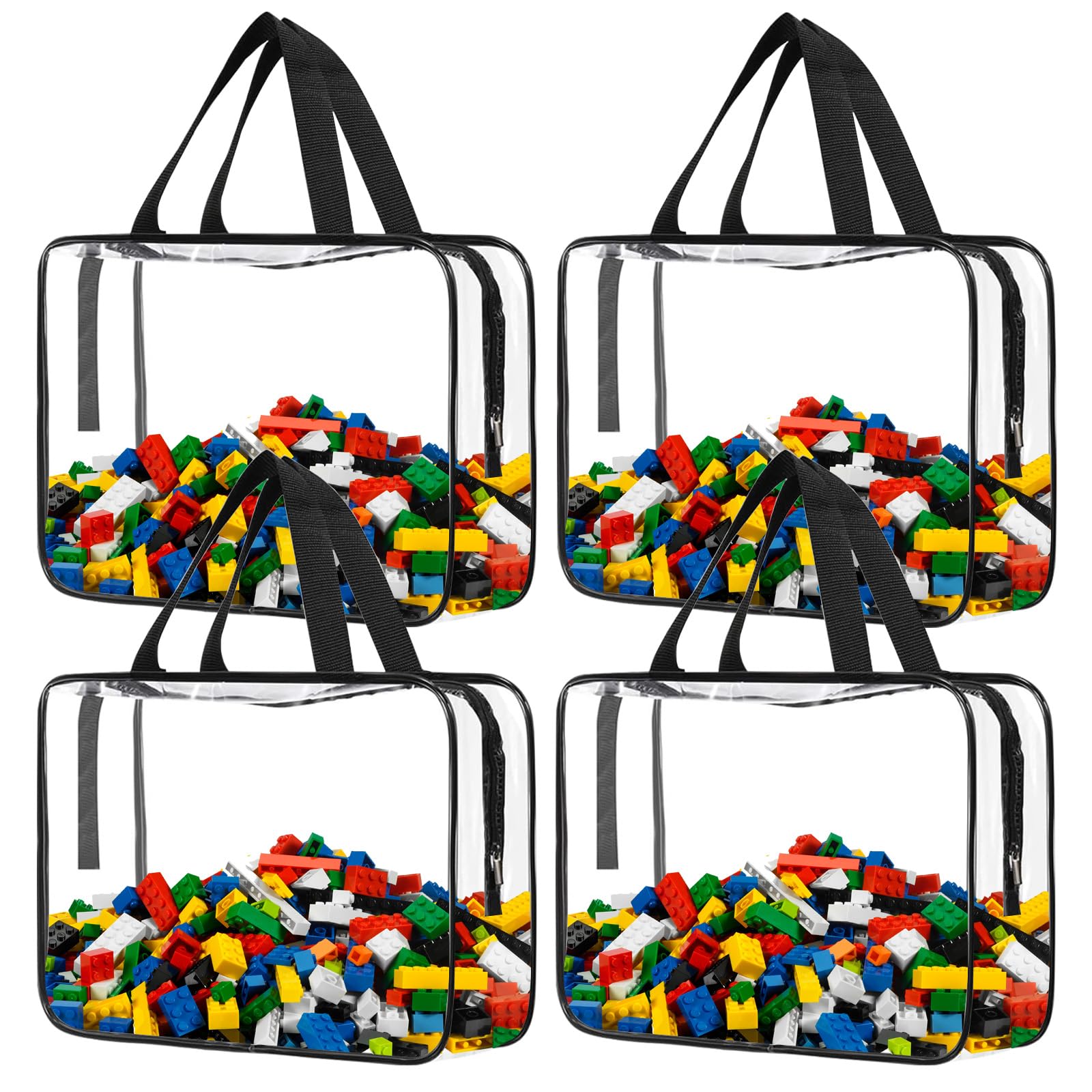 4 Pack Large Clear PVC Zipper Toy Storage Bags - Waterproof Organizer for Board Games, Building Blocks, Puzzles, Kids Books & Small Toys - Perfect for Home, Classroom & Travel Organization