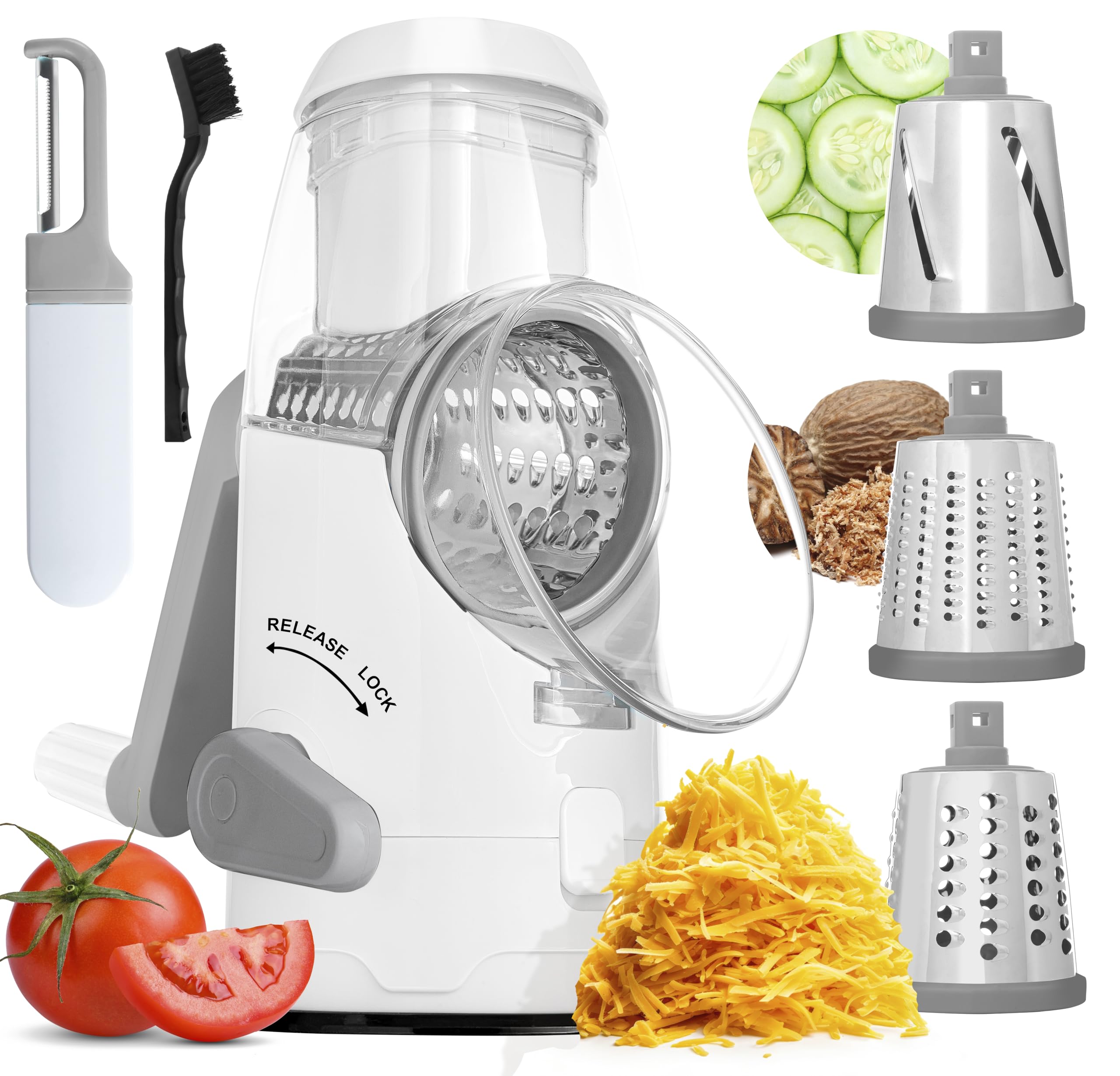Premium Rotary Cheese Grater with Ergonomic Handle - 3 Stainless Steel Drum Blades for Shredding Cheese, Vegetables & Nuts - Multi-Functional Kitchen Mandoline Slicer with Peeler (White) - Perfect for Pizza Topping, Salad Prep & Baking Needs