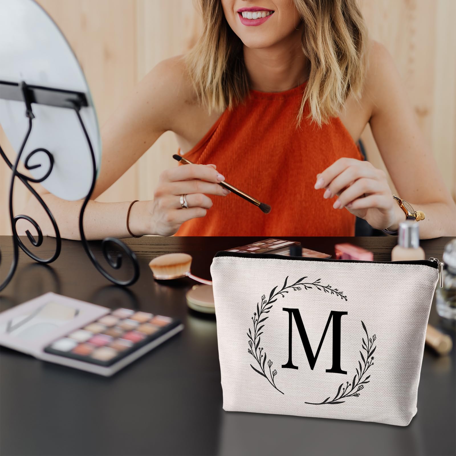 Personalized Monogrammed Travel Makeup Bag with M Initial - Cosmetic Organizer for Women, Mom, Best Friend, Bride & Bridesmaid - Perfect Birthday Gift for Travel, Wedding & Everyday Use
