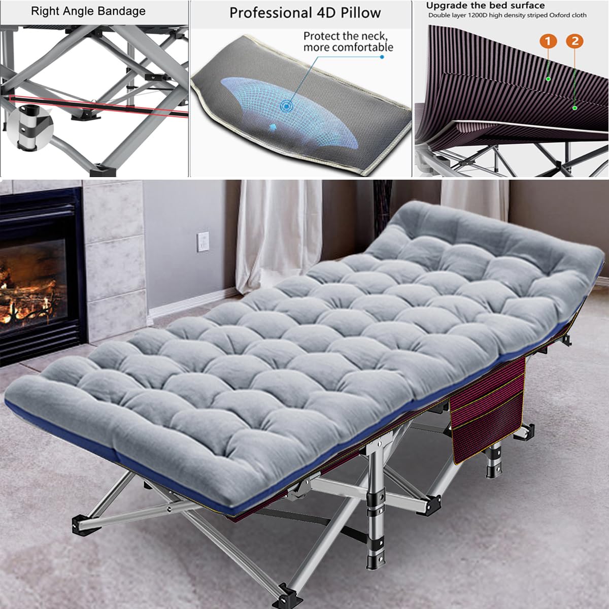 ABORON Heavy Duty Folding Camping Cot for Adults - 500lb Capacity Double Layer 1200D Oxford Fabric with Mattress & Carry Bag - Portable Guest Bed for Indoor, Outdoor, Camping, Travel & Emergency Use