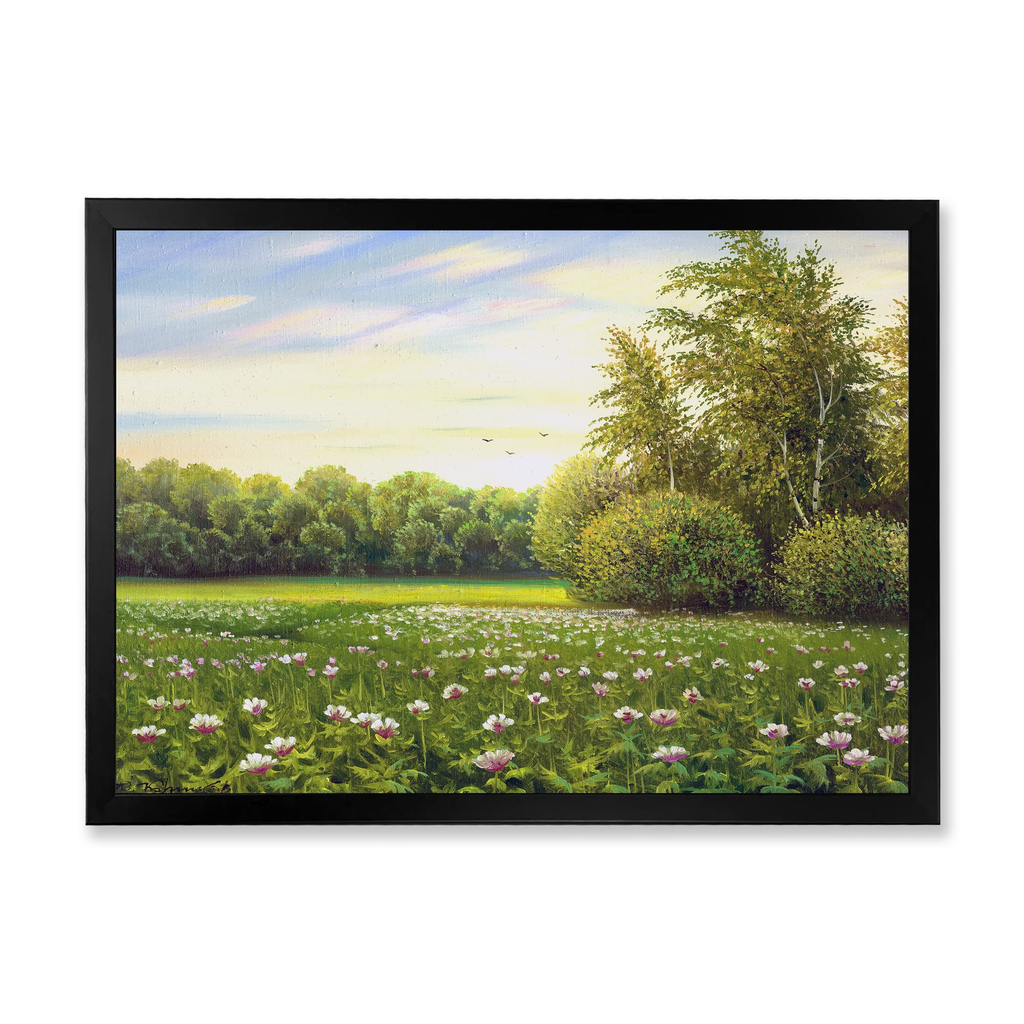 DesignQ Spring Trees By The Meadows Country Framed Wall Art - Landscape Painting for Living Room, Bedroom & Office Decor - Perfect Farmhouse & Rustic Home Decor Gift