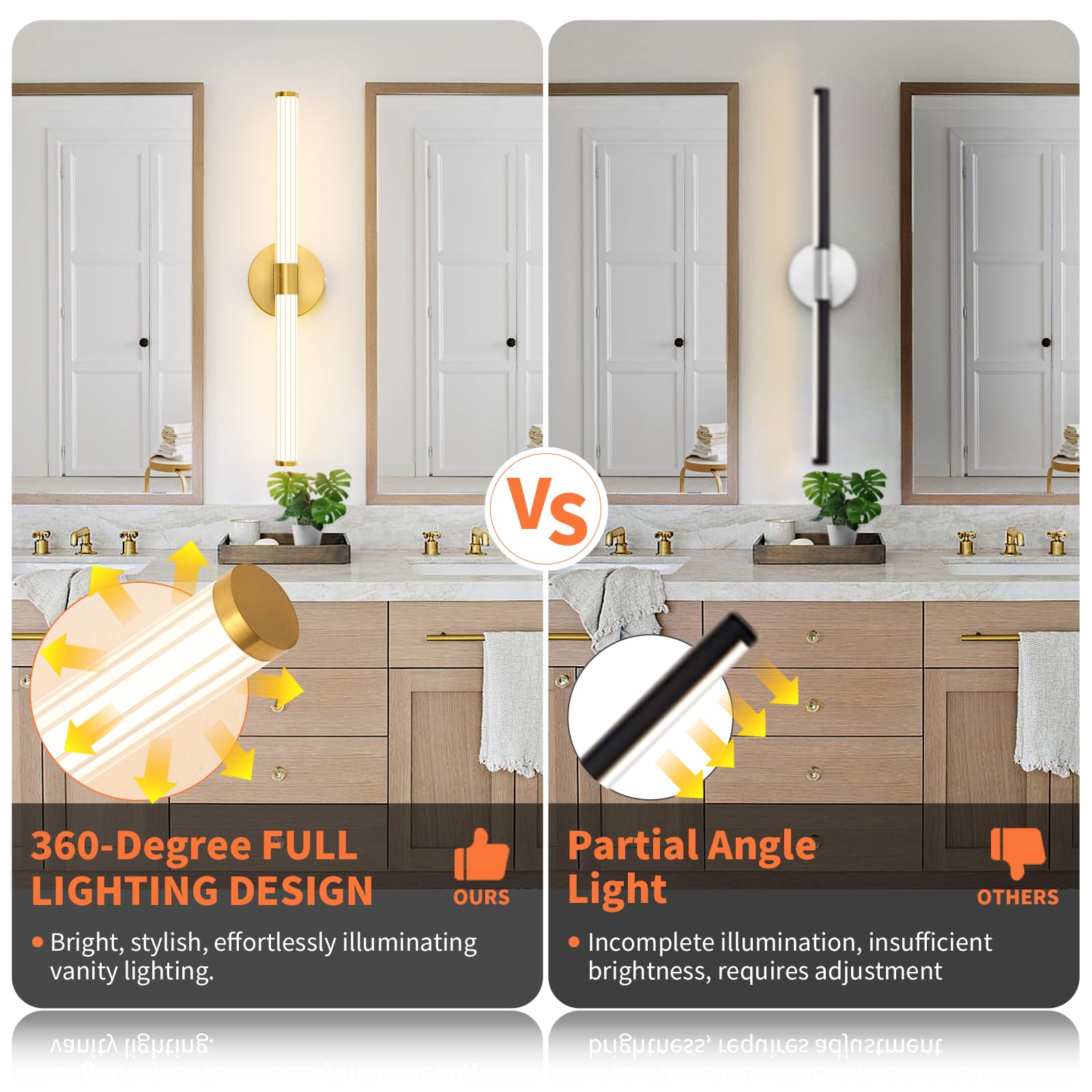Dimmable LED Bathroom Vanity Light Fixtures - 30 Inch Gold Modern Wall Sconce, 360° Full Lighting for Mirror, Warm White Adjustable Brightness - Perfect for Bathroom, Bedroom & Living Room Vanity Makeup Area
