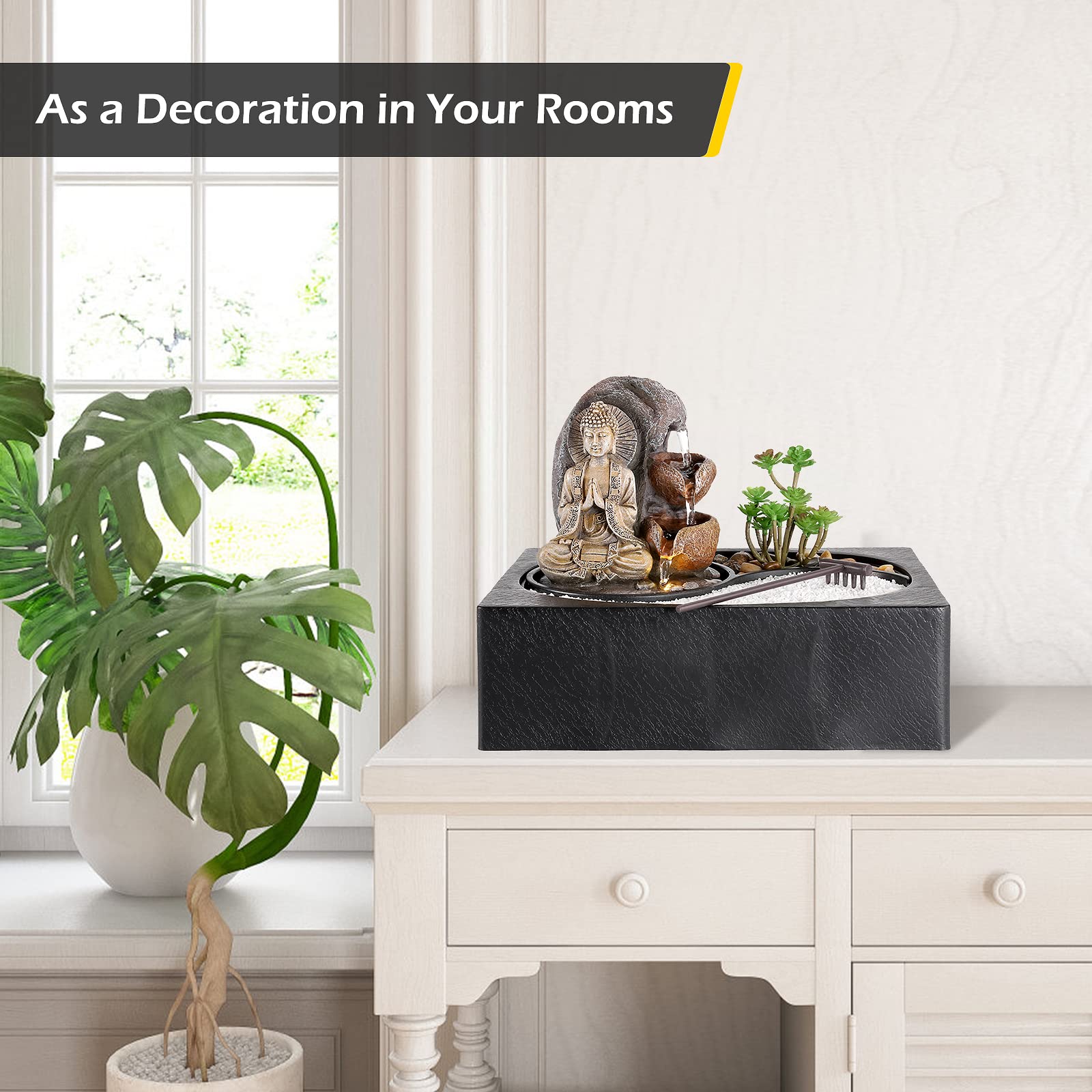 Dyna-Living Indoor Tabletop Water Fountain with Zen Garden, LED Warm Light & Buddha Statue - Relaxing Home Decor for Living Room, Office, Meditation Space