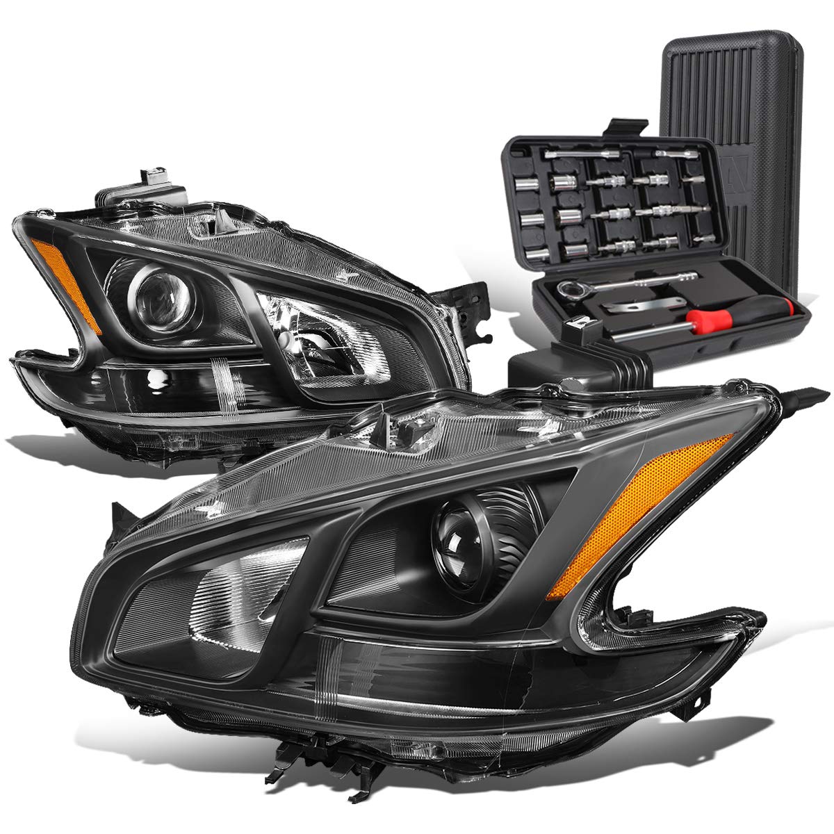 Auto Dynasty Halogen Projector Headlights Assembly with Tool Kit - Compatible with Nissan Maxima 2009-2014 (Driver & Passenger Side, Black Housing) - Upgrade Your Night Driving Safety & Style