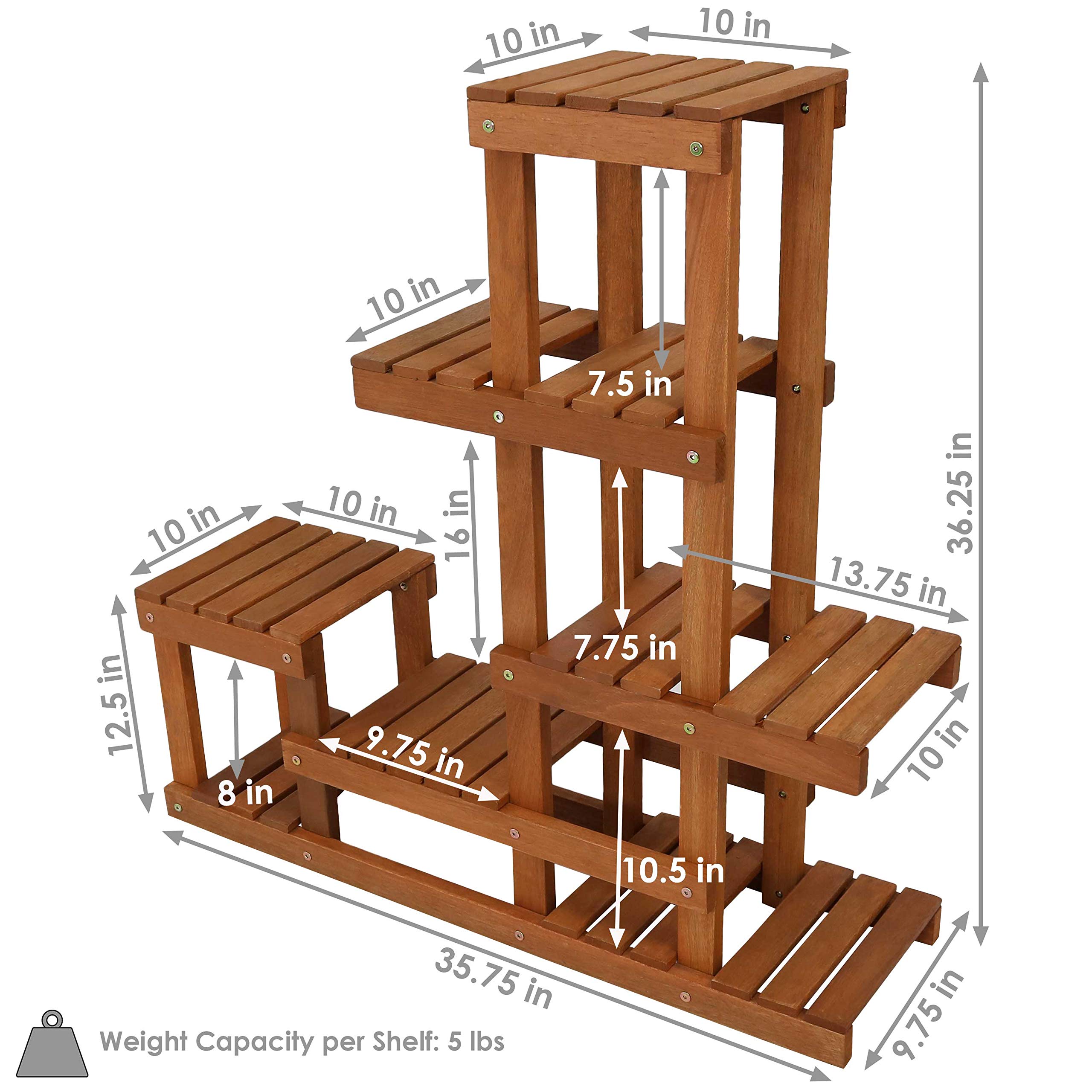 Sunnydaze 36-Inch Meranti Wood Indoor/Outdoor Multi-Tiered Plant Stand with Teak Oil Finish - Perfect for Patio, Garden, Balcony & Home Decor