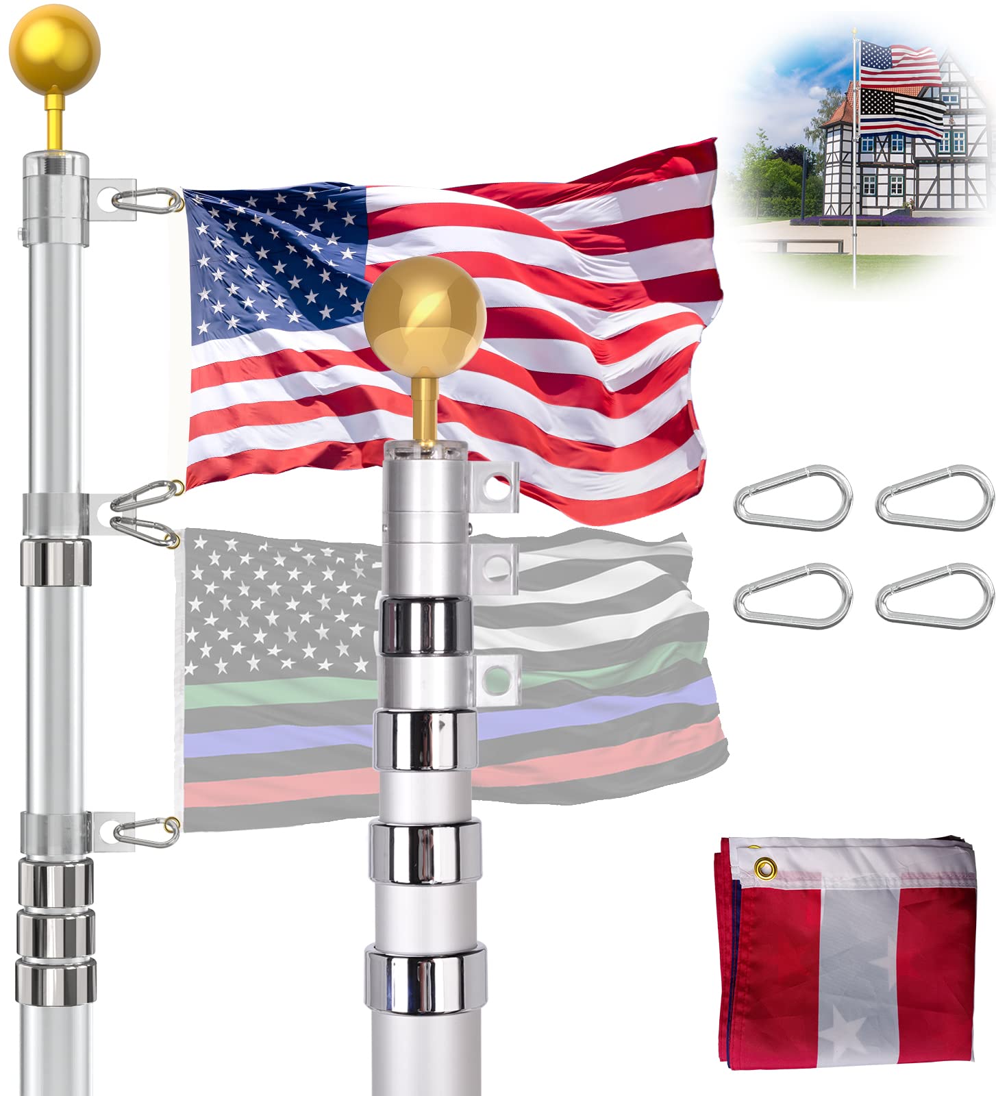 25FT Heavy Duty Telescoping Flag Pole for Outside in Ground - Extra Thick Commercial & Residential Flagpole with 3x5 American Flag, Adjustable Height (Silver) - Perfect for Front Yard, Garden, Business, and Patriotic Displays