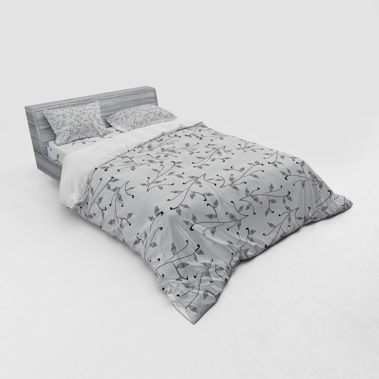 Ambesonne Monochrome Leaf Duvet Cover Set - Minimalist Eco-Friendly Plant Pattern with Branch Design, 4-Piece Queen Size Bedding Set Includes Shams & Fitted Sheet in Grey White - Perfect for Modern Bedrooms, Guest Rooms & Nature-Inspired Home Decor