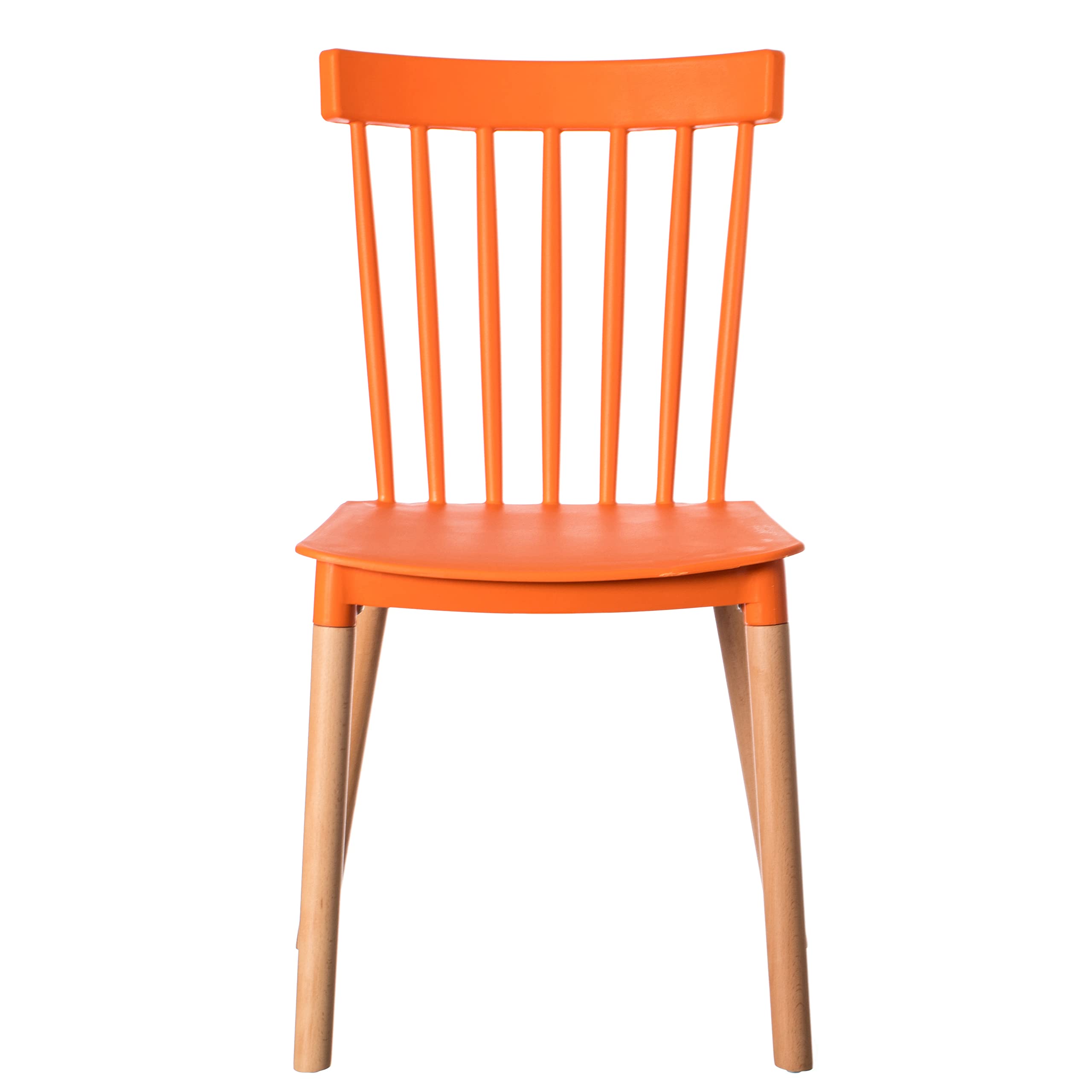 Fabulaxe Modern Plastic Dining Chairs with Beech Wood Legs - Set of 4 Orange Windsor Style Chairs for Kitchen, Dining Room, or Outdoor Patio