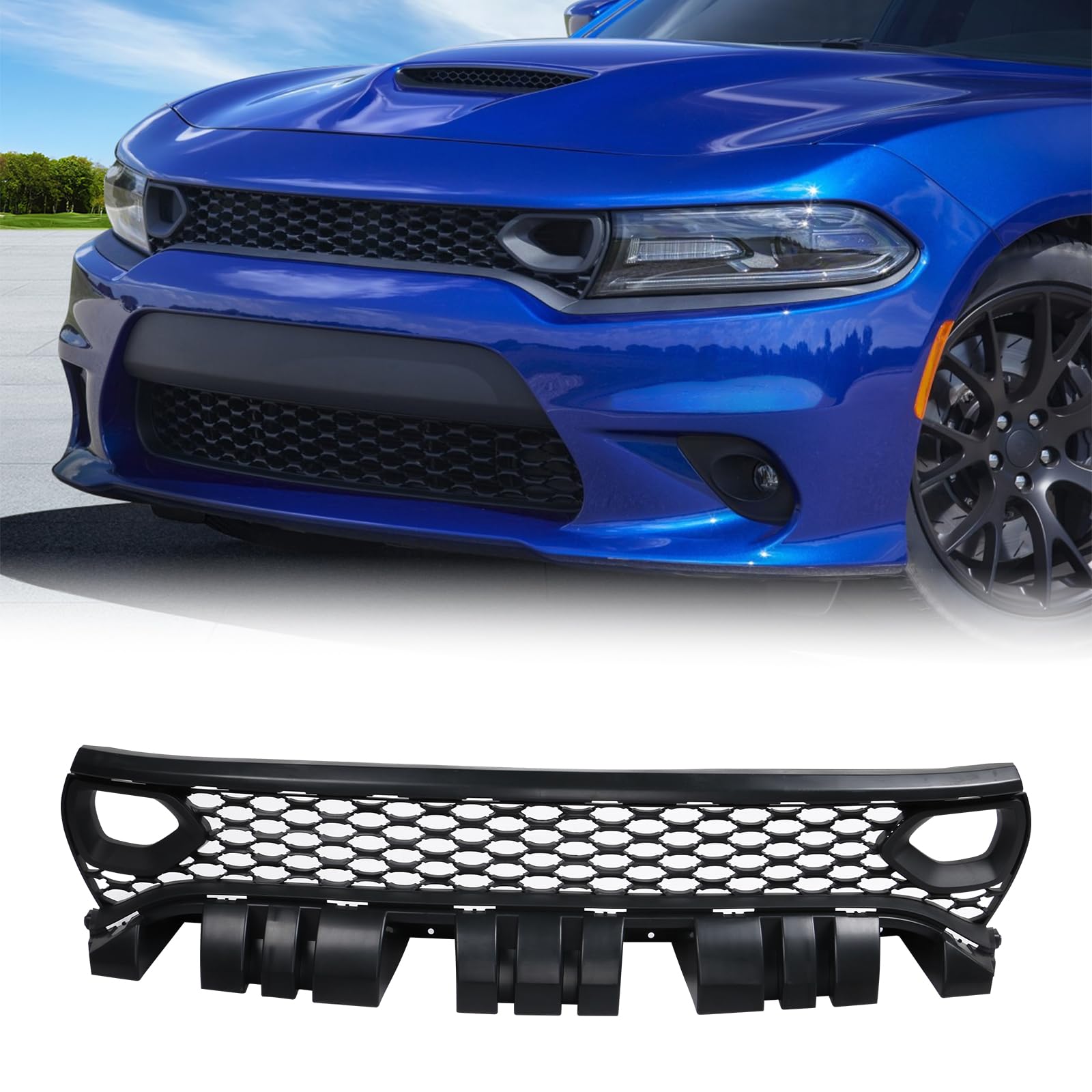FREEMOTOR802 Front Upper Grille Compatible with 2015-2023 Dodge Charger SRT/Scat Pack - Unpainted PP Hood Grill Cover Replacement | Perfect for Car Upgrades & Customization