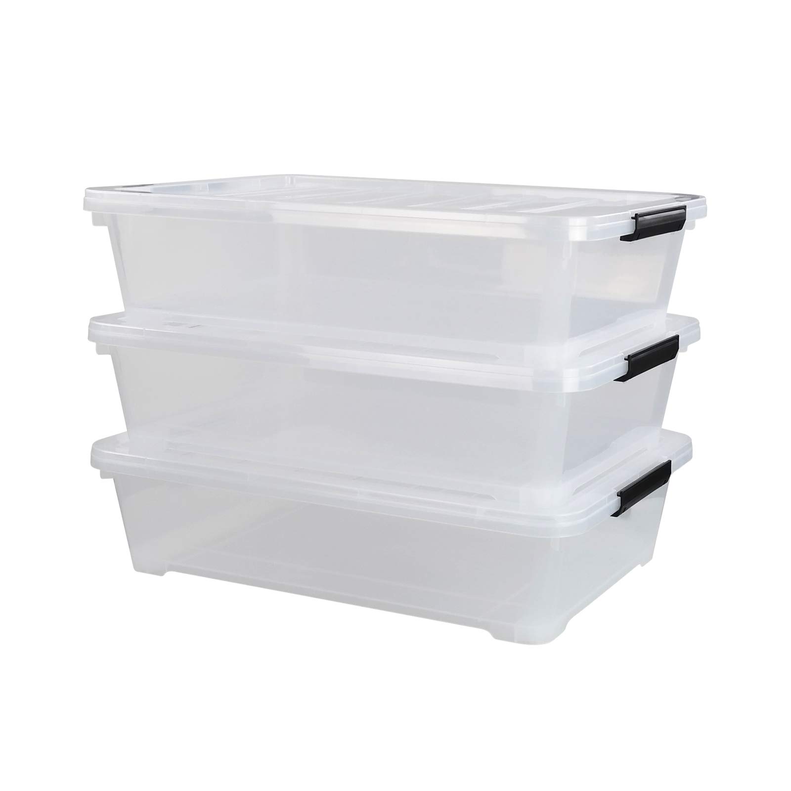 3-Pack Clear Plastic Under Bed Storage Box with Wheels & Latch - 40 Quart Stackable Organizer for Clothes, Shoes, Blankets - Perfect for Bedroom, Closet, Dorm & Small Space Storage Solutions