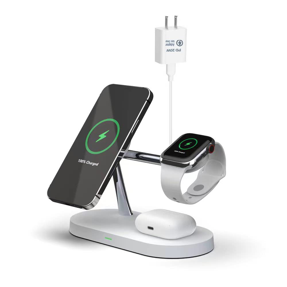 3-in-1 Magnetic Wireless Charging Station for iPhone 16/15/14/13/12 Series, AirPods & Apple Watch - Fast MagSafe Charger Stand with Wall Adapter Included | Perfect for Home, Office & Travel Charging Needs