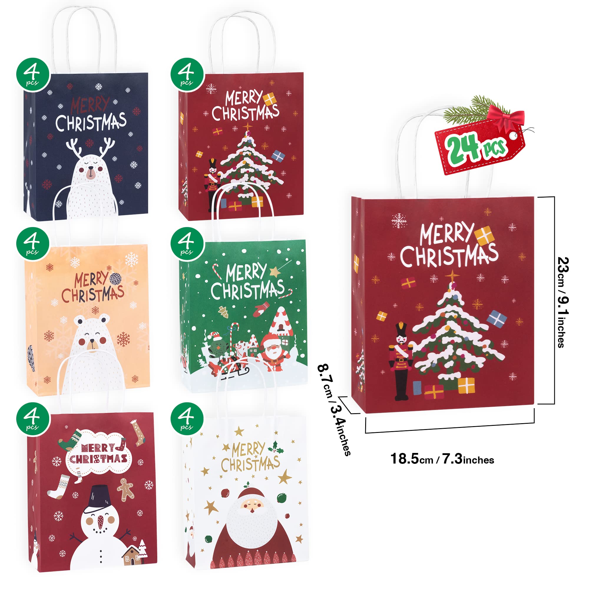 ILEBYGO 24 PCS Christmas Gift Bags - Large Kraft Paper Gift Bags with Handles, Assorted Holiday Designs for Xmas Party, School & Classroom Supplies - Perfect for Holiday Gifts, Stocking Stuffers & Teacher Appreciation