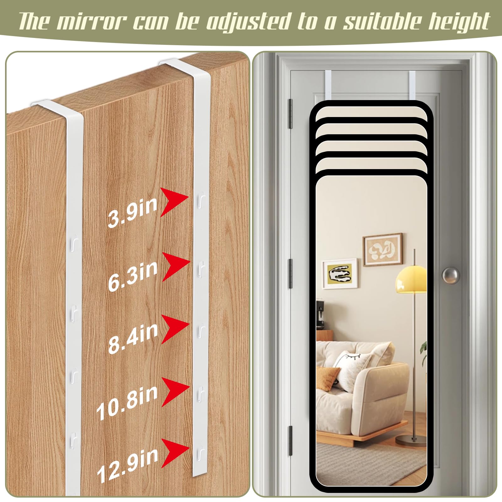 Over-The-Door Mirror Hanger - Adjustable 13.6 Inch White Door Mirror Bracket with Protective Lining (2 Pack) - Scratch-Resistant Design for Perfect Height & Fit - Ideal for Bedroom, Bathroom & Closet Organization (Mirror Not Included)
