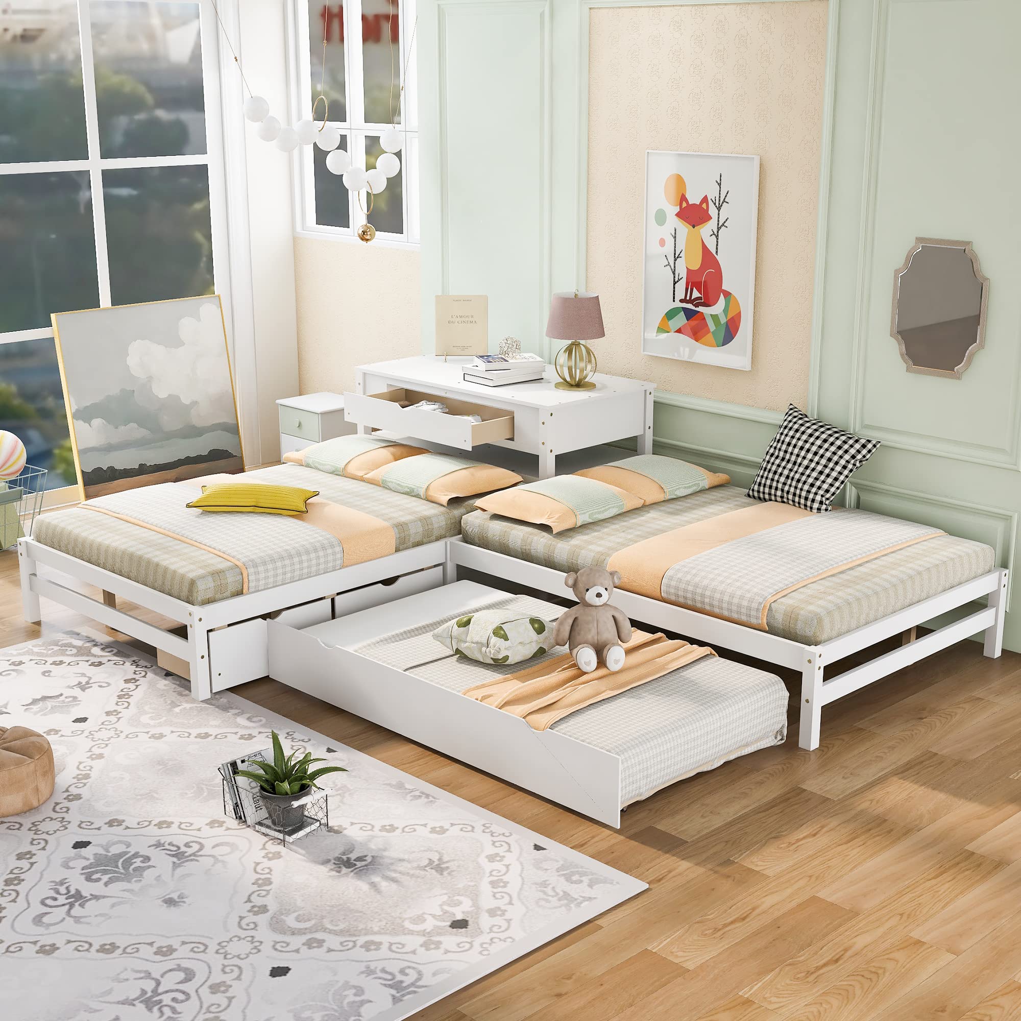 P PURLOVE L-Shaped Full Platform Bed with 2 Drawers & Twin Trundle - Wooden Bed Frame with Built-in Rectangle Table, No Box Spring Needed - White - Perfect for Small Bedrooms, Guest Rooms & Kids' Rooms