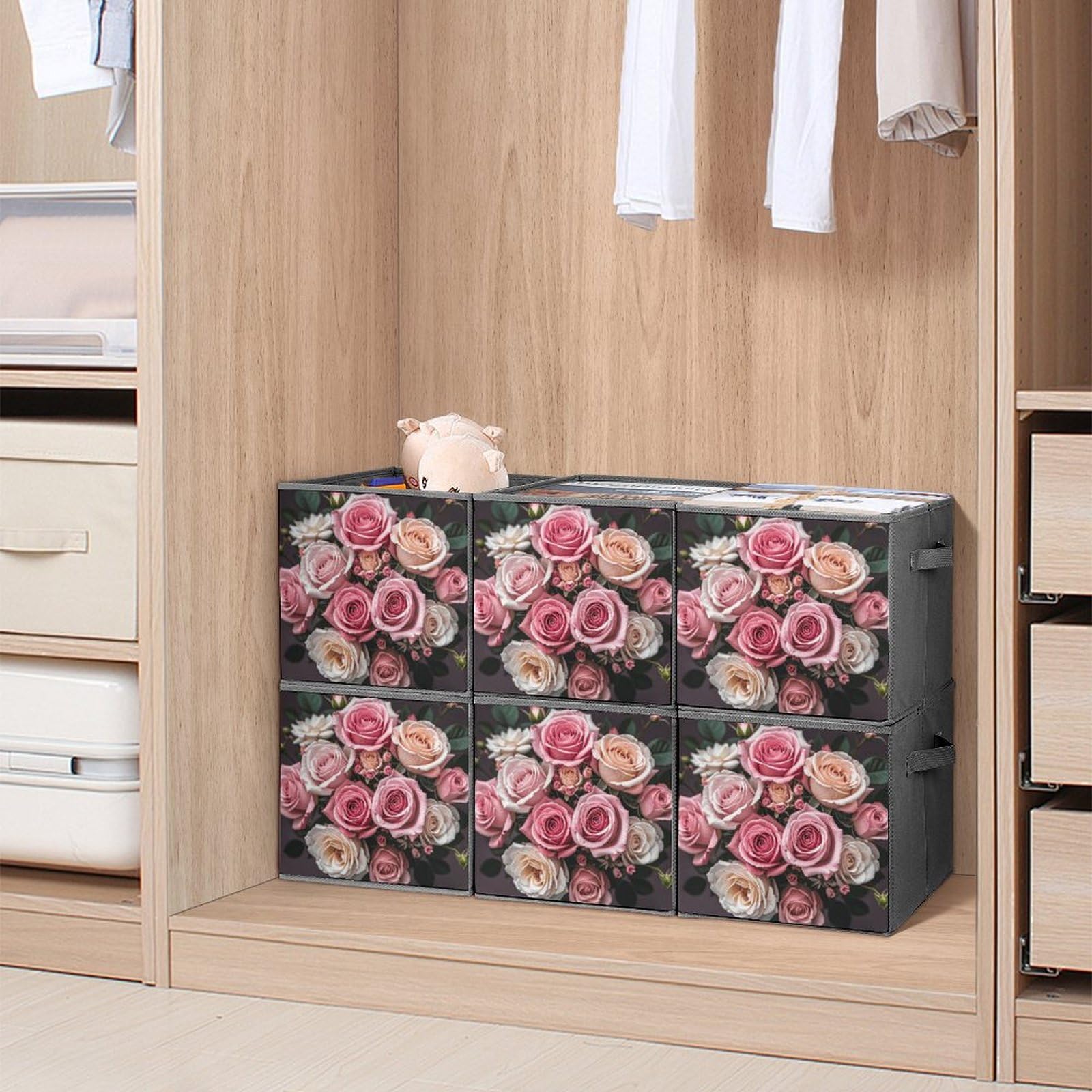 6-Piece Collapsible Storage Bins - Cute Rose & Leopard Print Foldable Storage Boxes with Handles, Multi-Functional Organizer for Shelves, Closet, Bathroom | Perfect for Home, Office & Kids Room Organization