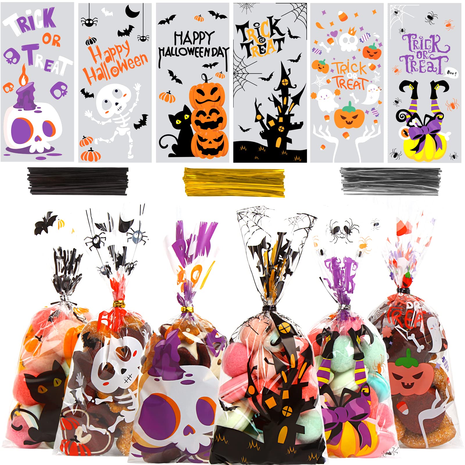 180 Pack Halloween Cellophane Treat Bags - Clear Plastic Goodie Candy Bags for Kids Party Favors with 210 Twist Ties | Bulk Snack Bags for Trick-or-Treat, Classroom Treats & Halloween Party Supplies