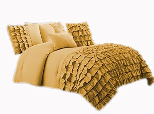 580 Thread Count 3-Piece Premium Waterfall Half Ruffle Duvet Cover Set with Matching Pillow Shams - King/California King Size 100% Egyptian Cotton in Gold | Luxury Bedding for Master Bedroom & Guest Room Decor