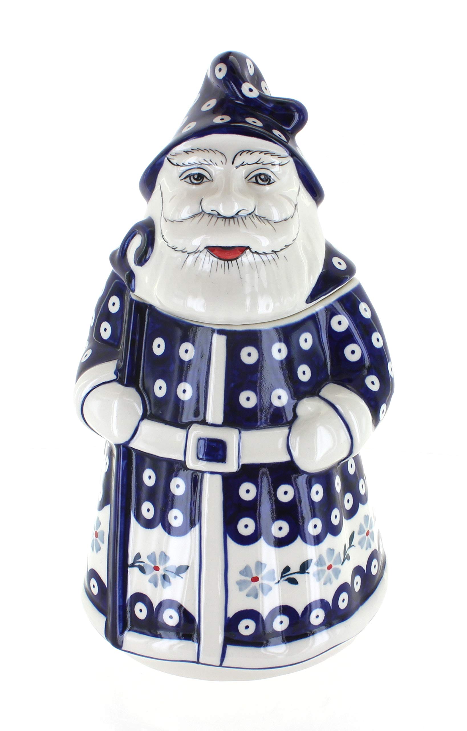 Hand-Painted Blue Rose Polish Pottery Santa Cookie Jar - Vintage Ceramic Christmas Cookie Storage - Perfect for Holiday Baking & Festive Kitchen Decor