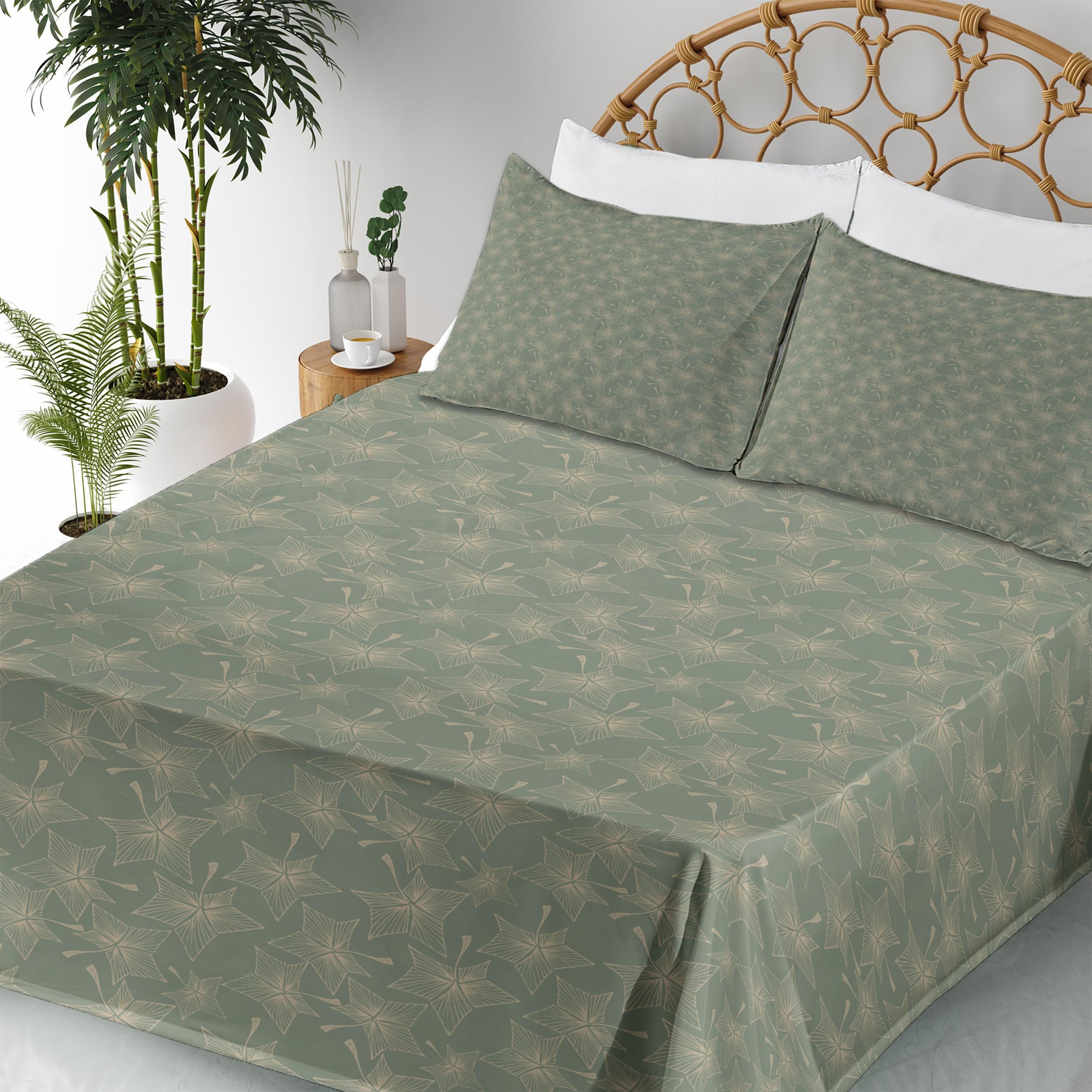Ambesonne Abstract Autumn Leaves Star-Shaped Striped Botanical Bed Sheet Set - 4 Piece King Size with Fitted Sheet, Flat Sheet & Pillowcases in Reseda Green & Tan - Perfect for Fall-Themed Bedrooms, Guest Rooms & Cozy Seasonal Decor
