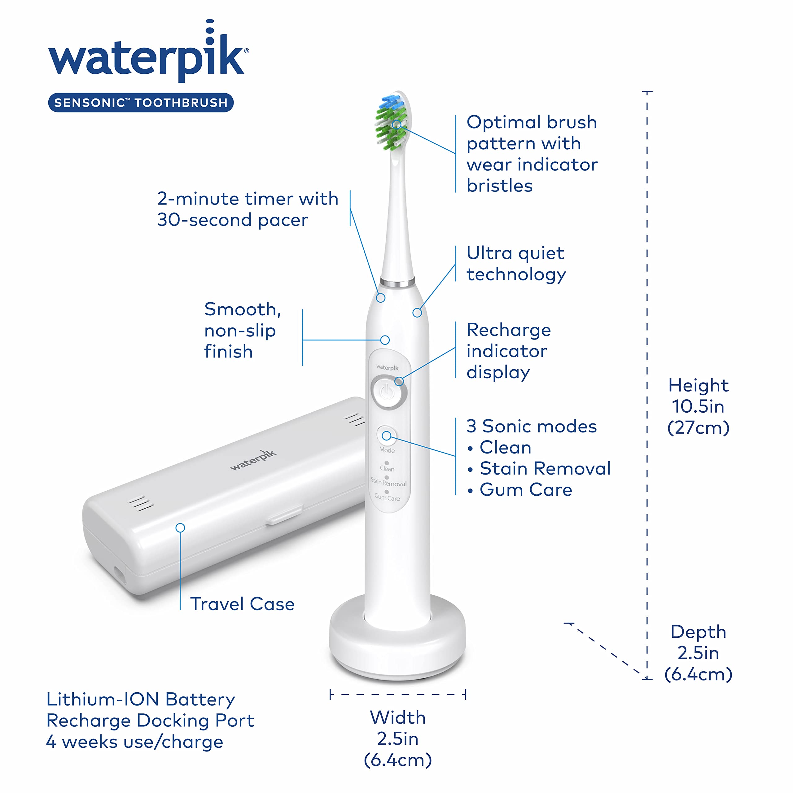 Waterpik Sensonic Sonic Electric Toothbrush for Adults - Rechargeable with 3 Brushing Modes, Travel Case & USB Charger (White STW-03W020) | Perfect for Home, Travel & Daily Oral Care | Packaging May Vary