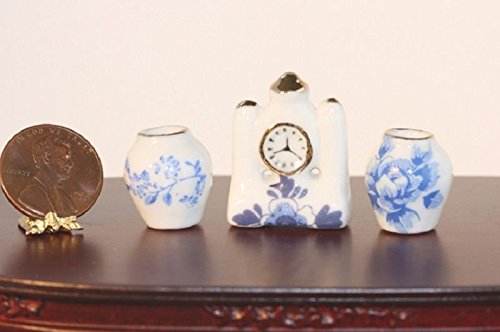 Blue & White Dollhouse Miniature Mantel Clock Set with 2 Vases - Perfect for 1:12 Scale Dollhouse Decor, Victorian Room Displays & Miniature Collectors