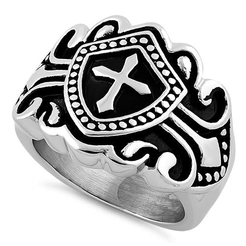 Stainless Steel Cross Crest Shield Ring for Men - Gothic Punk Jewelry, Religious Symbol Ring - Perfect for Everyday Wear, Gift Giving & Alternative Fashion