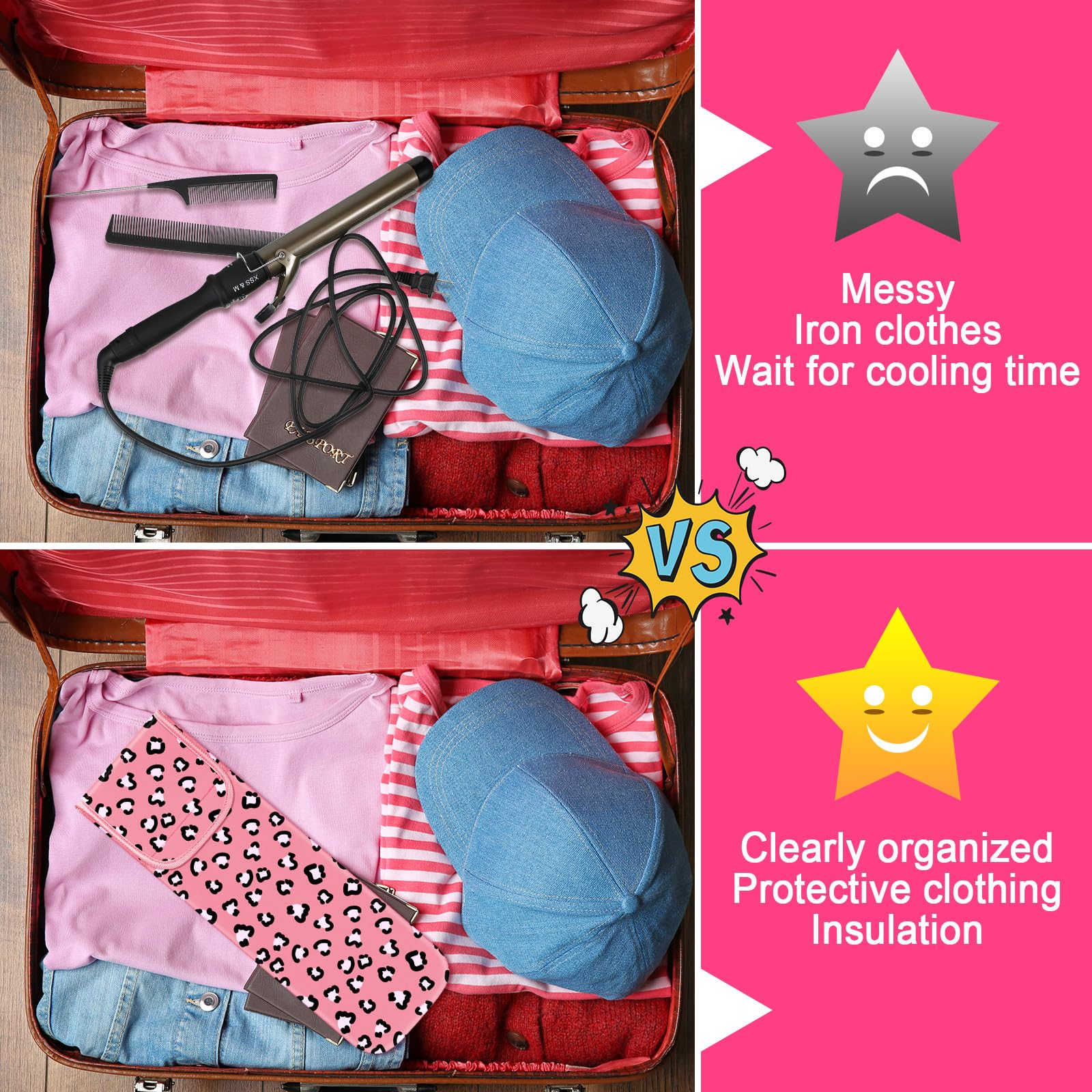 Shappy 2-Piece Heat Resistant Curling Iron Travel Case & Flat Iron Holder - Neoprene Straightener Sleeve with Silicone Hot Tools Bag (Leopard Print) - Perfect for Salon Professionals, Travel & Home Styling