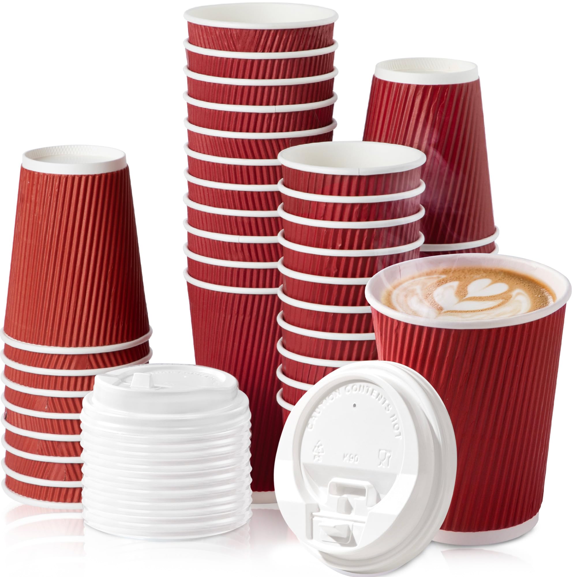 50 Pack 12 oz Disposable Coffee Cups with Lids & Stirrers - Triple Wall Insulated Hot Beverage Cups for Coffee, Tea, Hot Chocolate - Perfect for Office, Cafes, Parties & Holidays (White Lids)