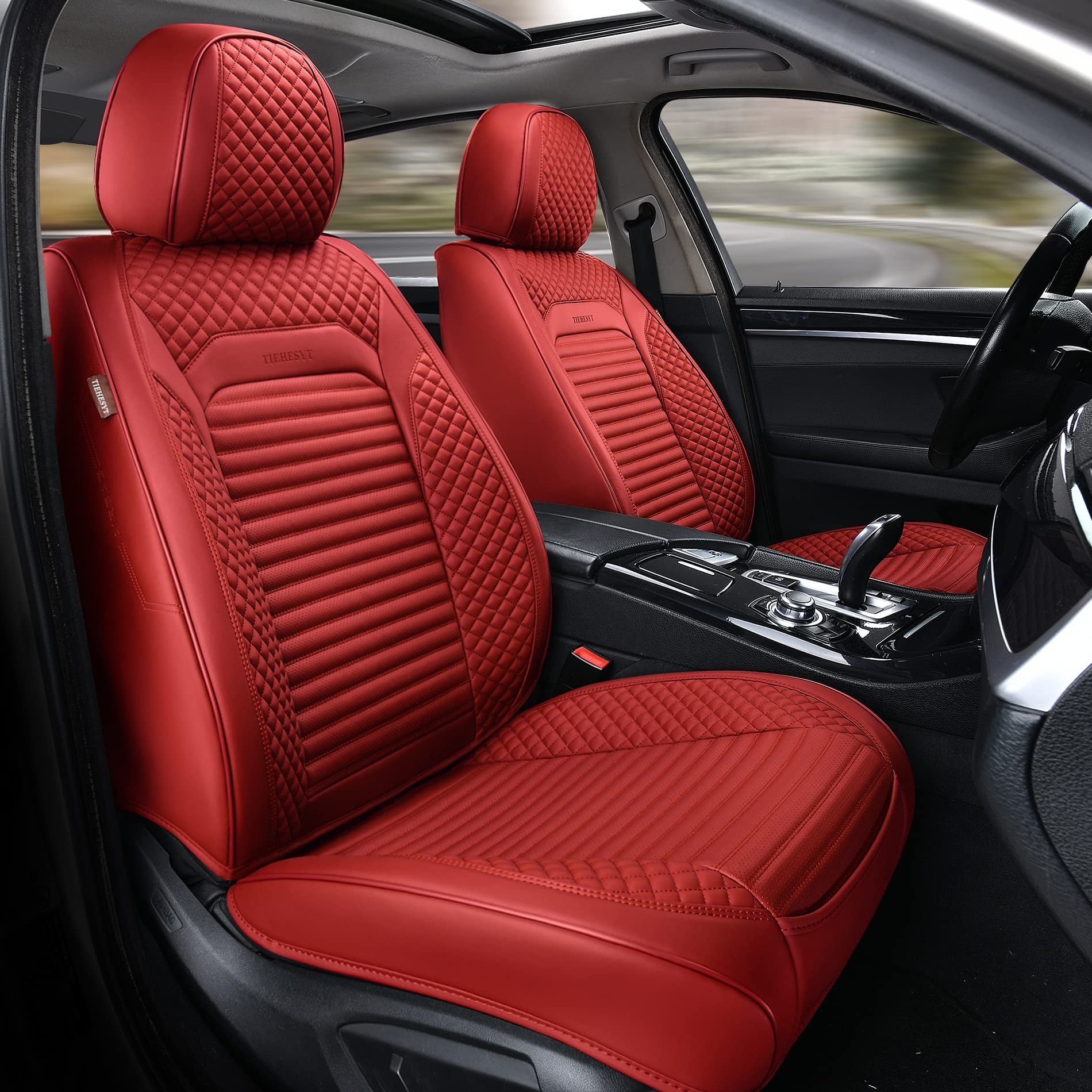 5-Piece Waterproof Leather Car Seat Covers Set - Front & Back Seat Protectors for Sedans, SUVs & Trucks | All-Weather Protection & Stylish Striped Red Design | Perfect for Daily Commutes, Road Trips & Family Travel