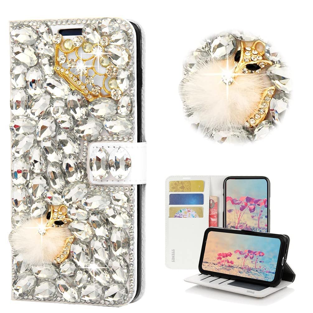 STENES Bling Wallet Case for iPhone 12 Pro - 3D Crystal Fox Design - White | Perfect for Parties & Daily Use