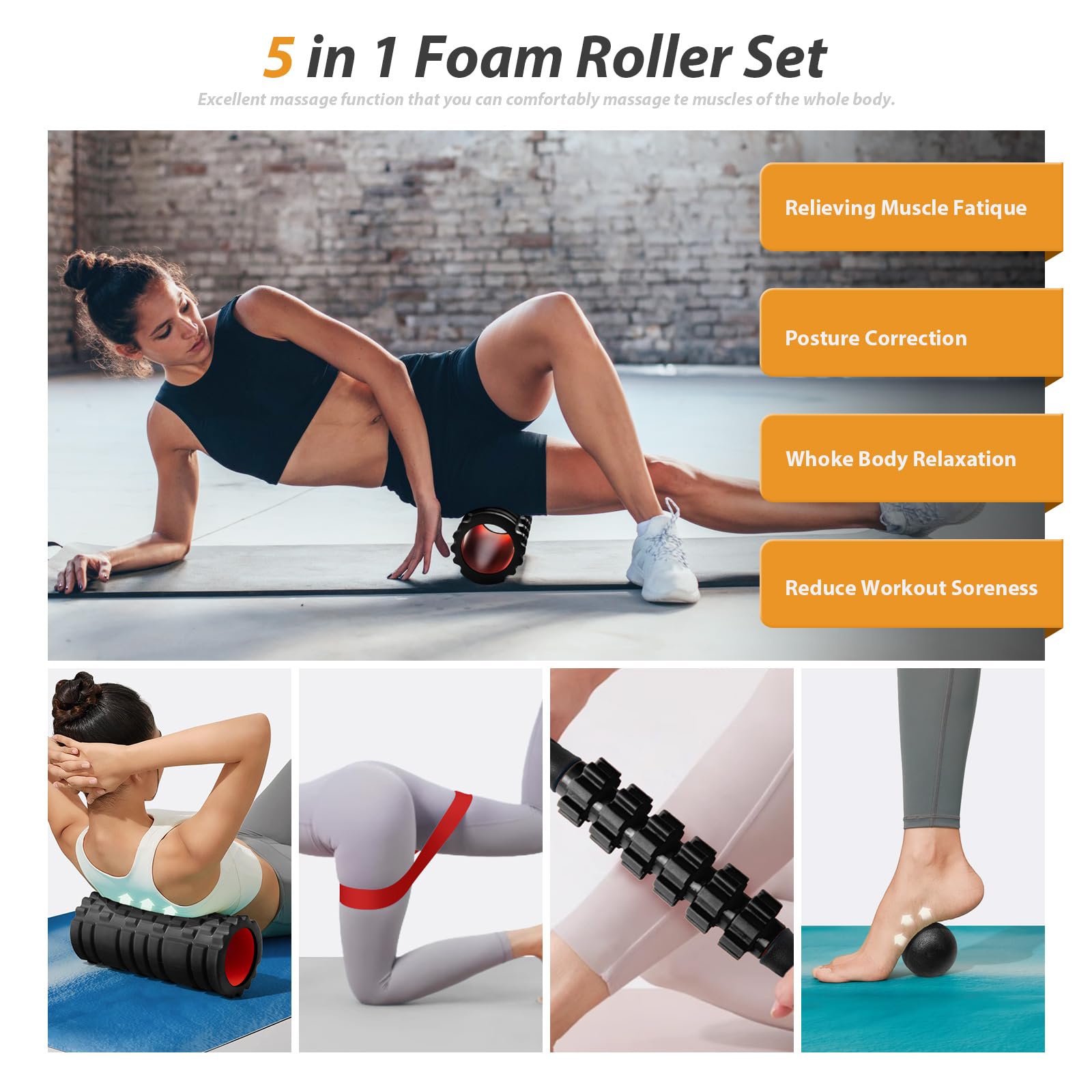 5-in-1 Foam Roller Set for Deep Tissue Massage - Trigger Point Foam Roller, Massage Roller Stick, Massage Ball & Resistance Band - Perfect for Yoga, Pilates, Fitness & Full Body Workout (Black-Red) - Home Gym & Physical Therapy Essential